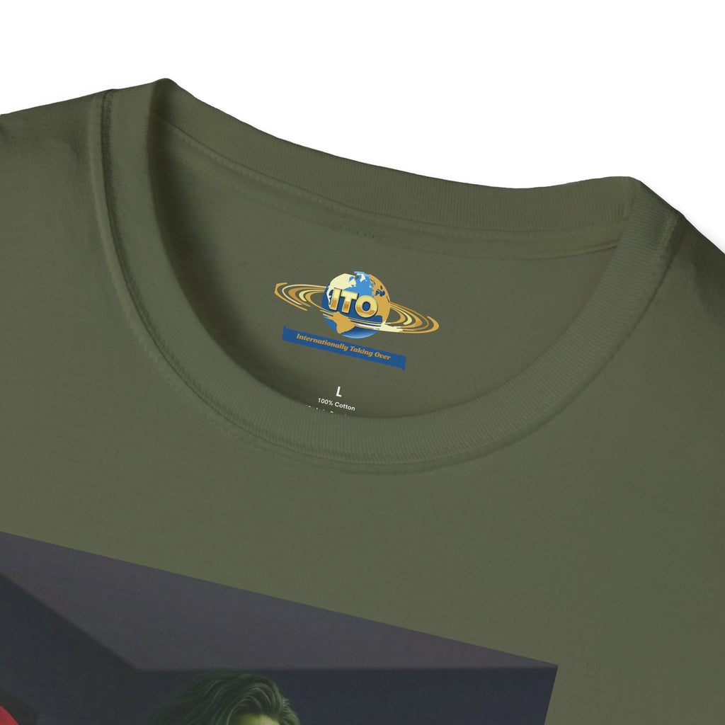Graphic T‑Shirt — Retro Noir Scene with Green-Hued Woman and Red Figure