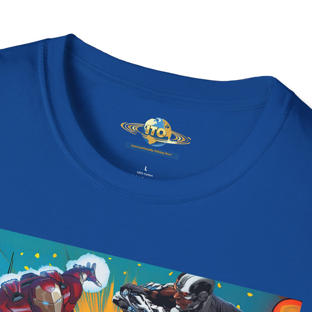 Man Cyborg vs Alien Cyborg Graphic T‑Shirt — Retro Sci‑Fi Battle Tee