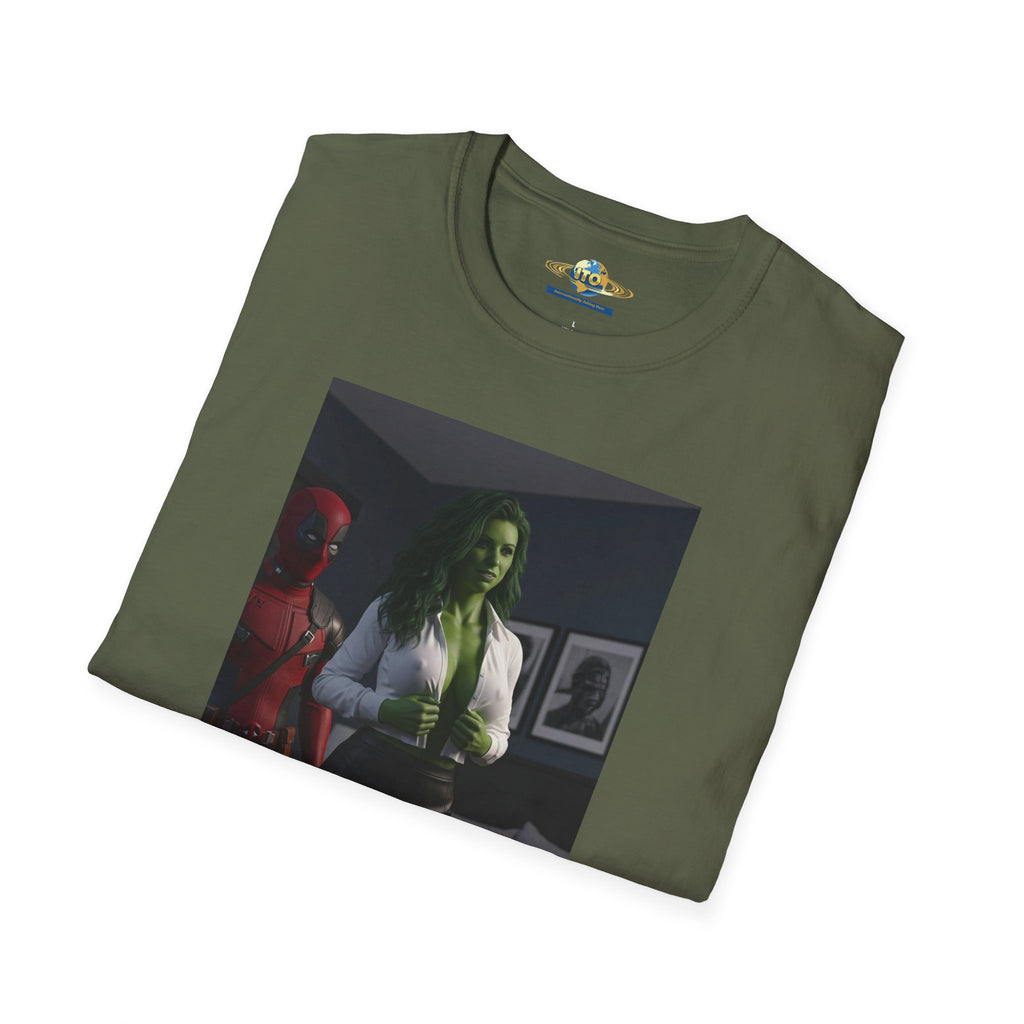 Graphic T‑Shirt — Retro Noir Scene with Green-Hued Woman and Red Figure