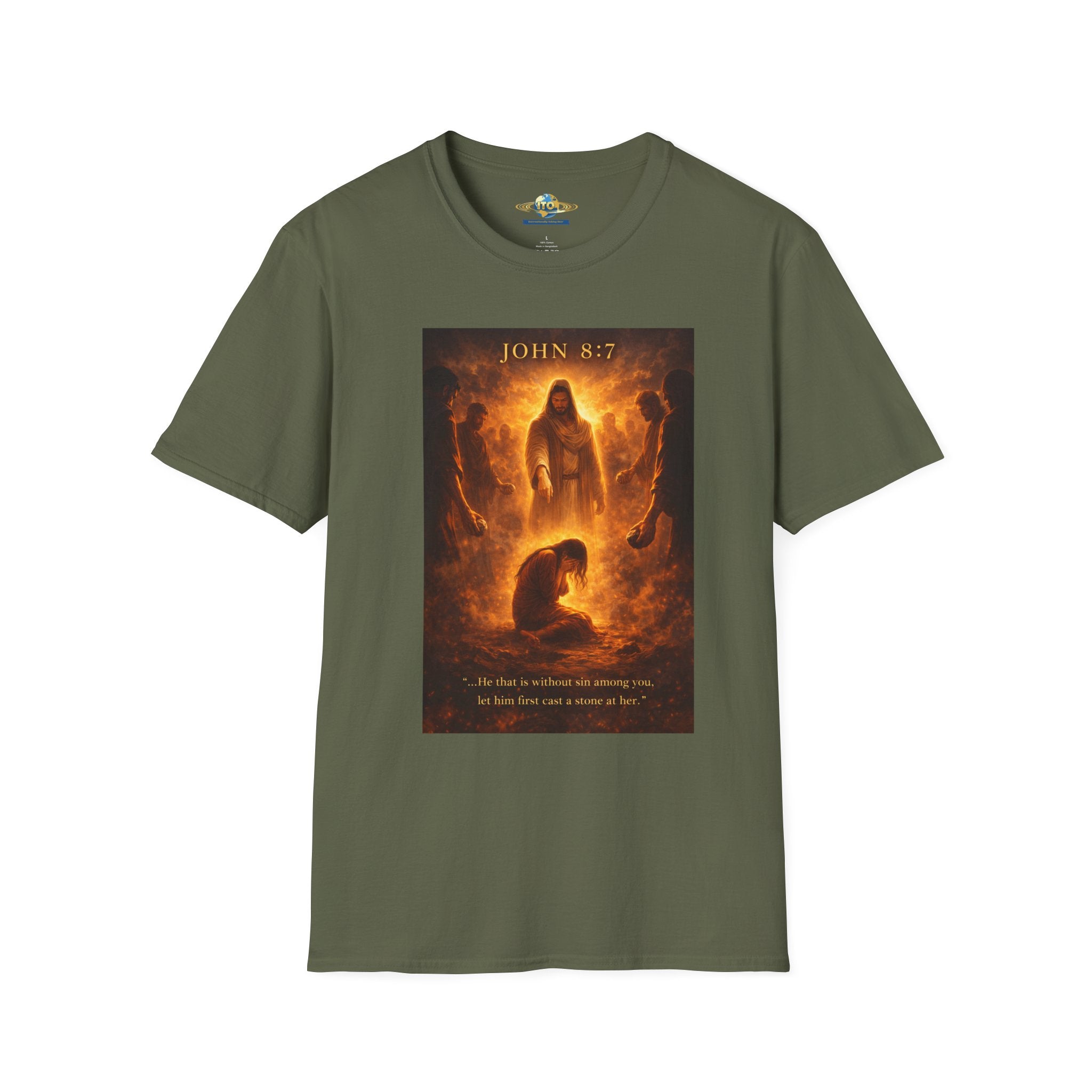 T-Shirt — John 8:7 Inspired Christian Faith Graphic Tee (Be Without Sin)