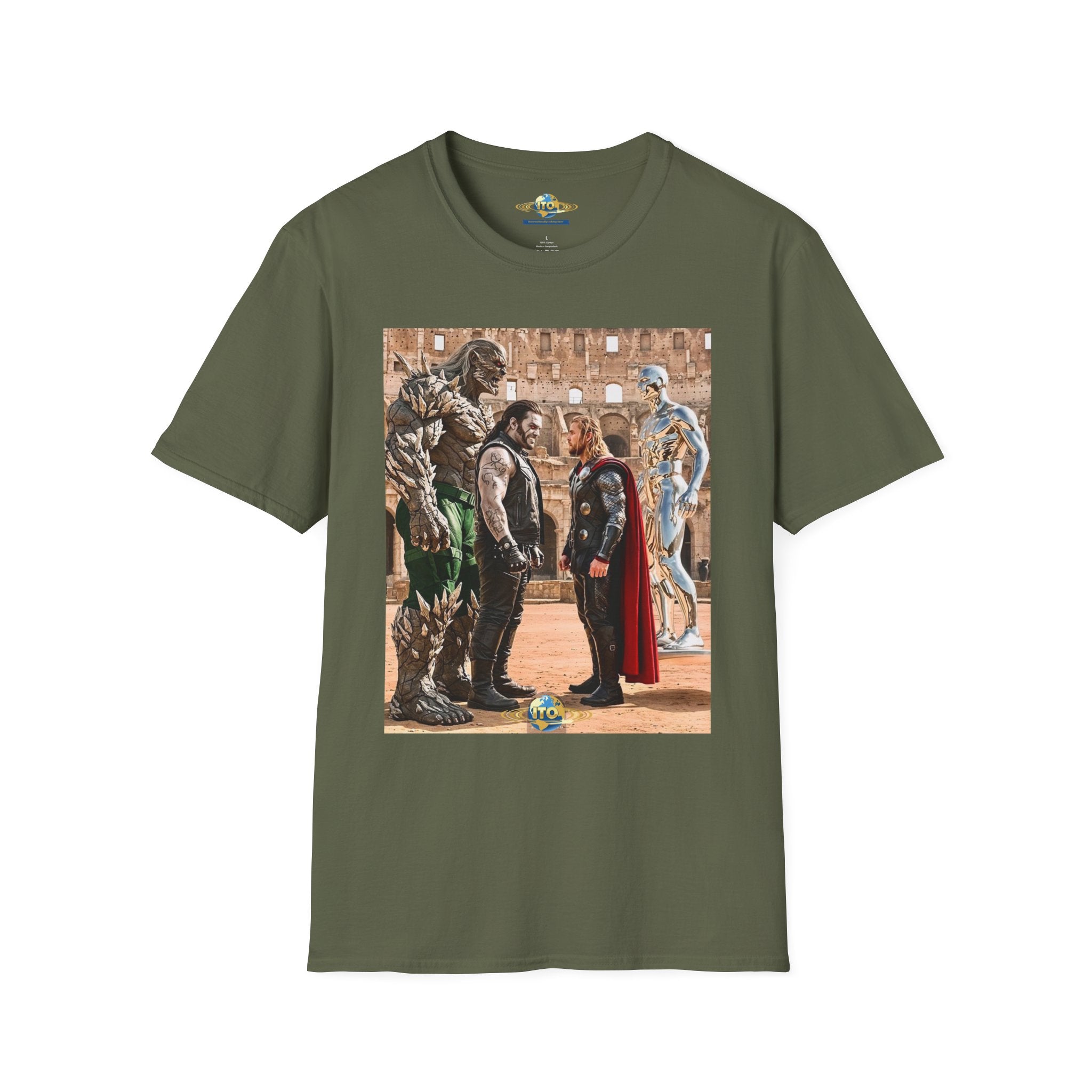 Fantasy Heroes Faceoff T-Shirt — Epic Gladiator Arena Scene