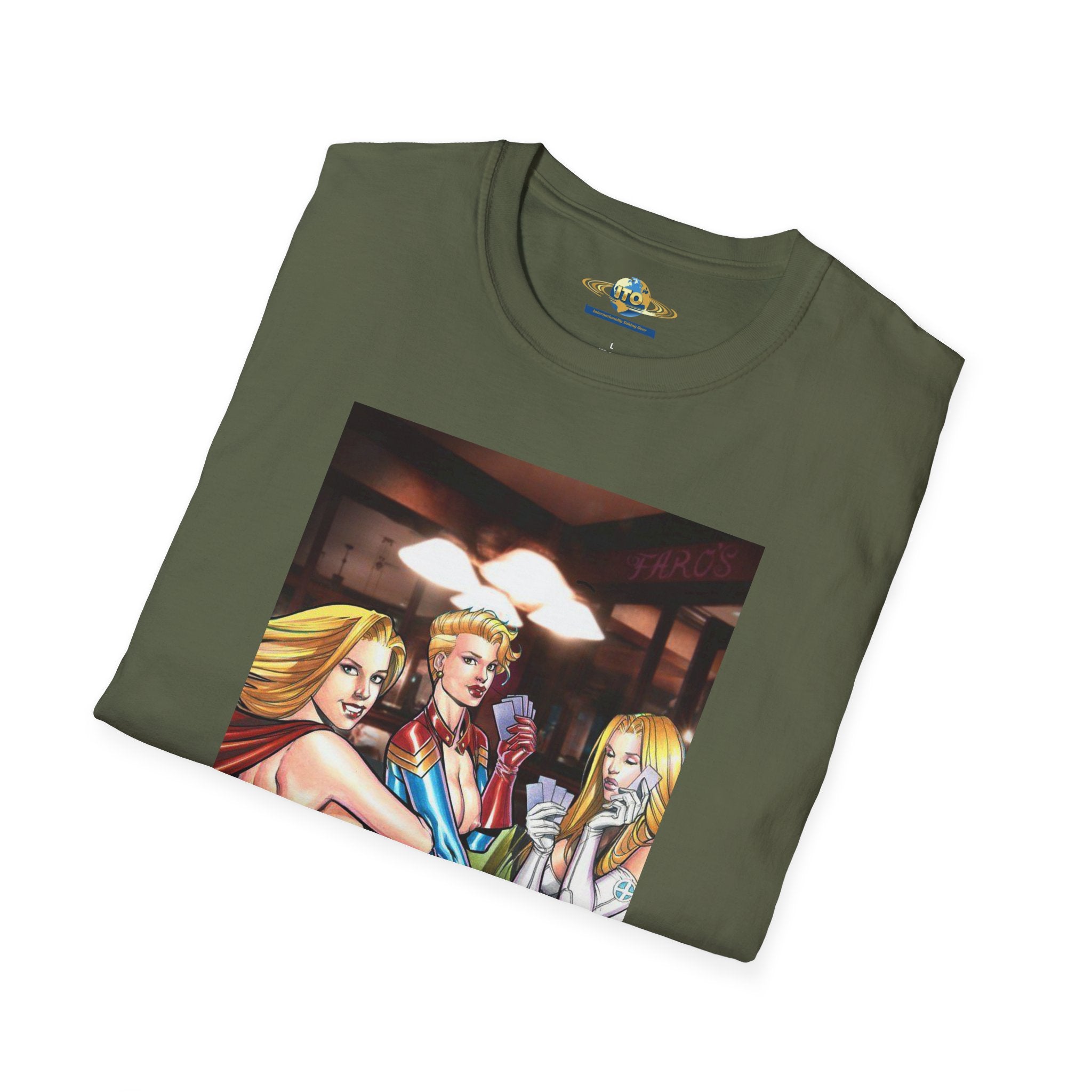 T-Shirt — Retro Pinup Superhero Trio Bar Scene