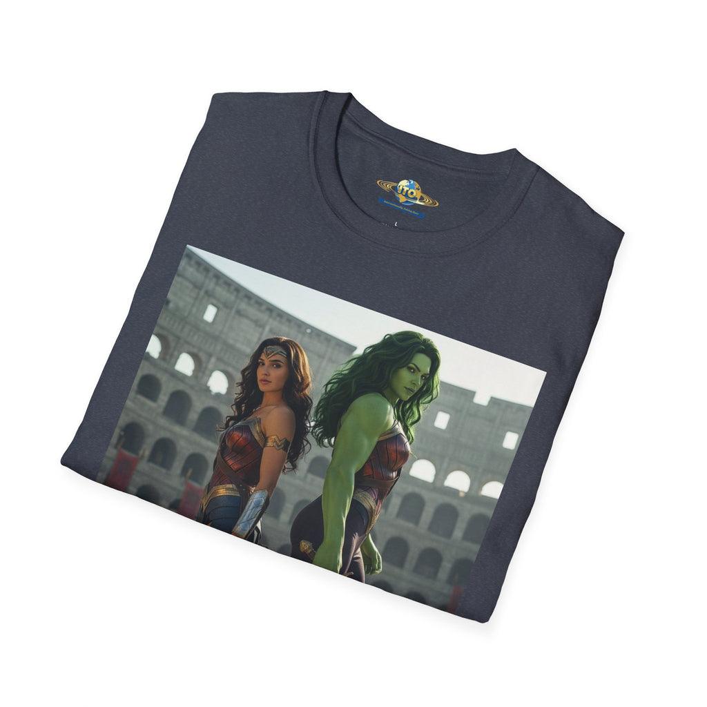 Wonder Warrior Duo T-Shirt — Female Gladiator & Green Hero Graphic Tee