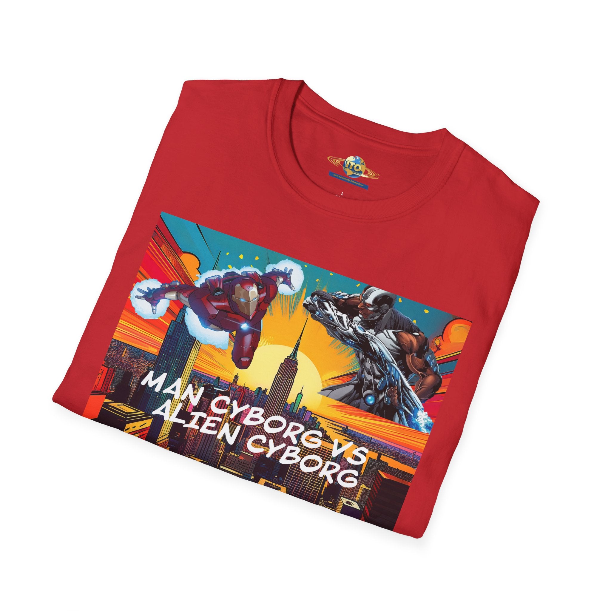 Man Cyborg vs Alien Cyborg Graphic T‑Shirt — Retro Sci‑Fi Battle Tee