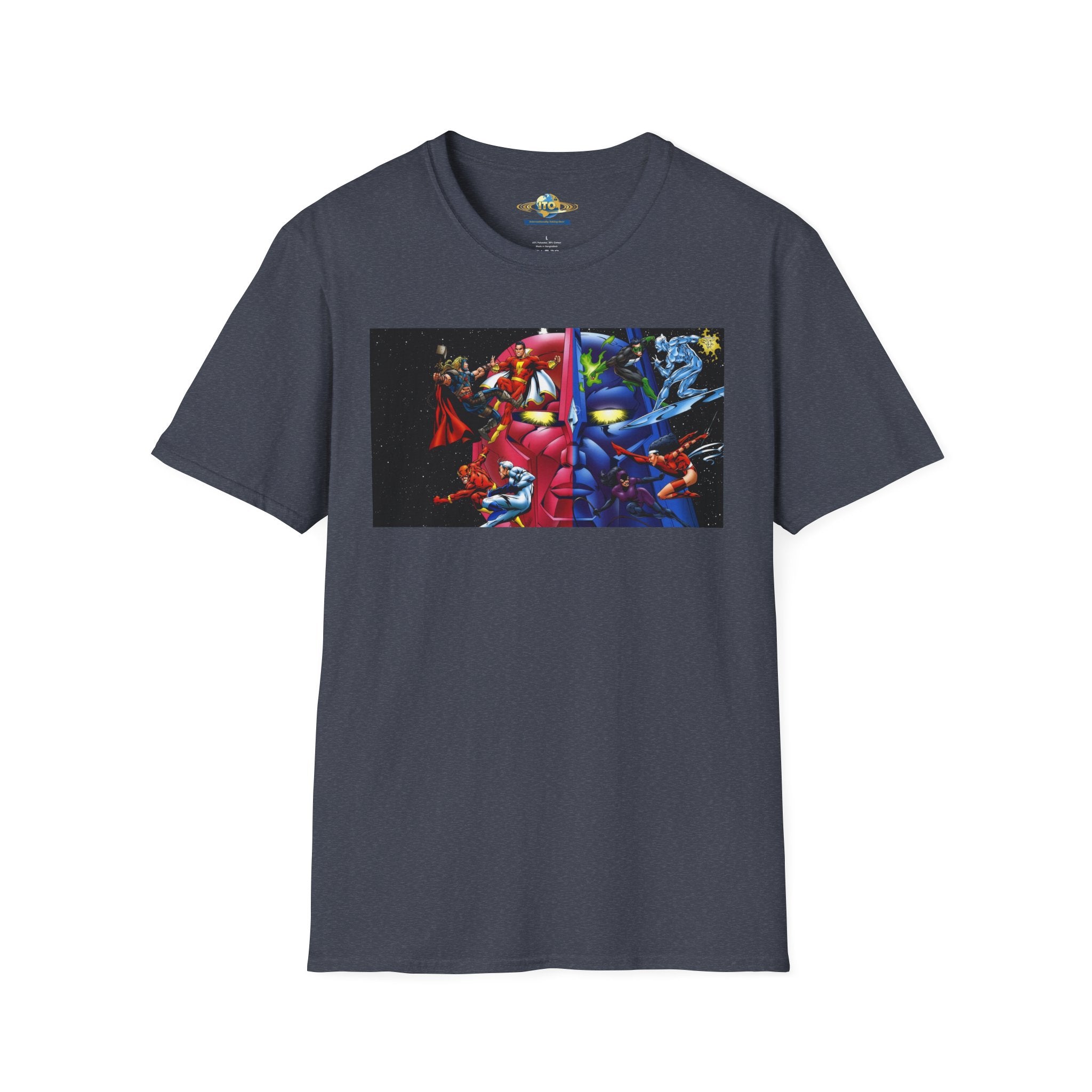 Graphic T-Shirt — Red vs Blue Superhero Action Panel