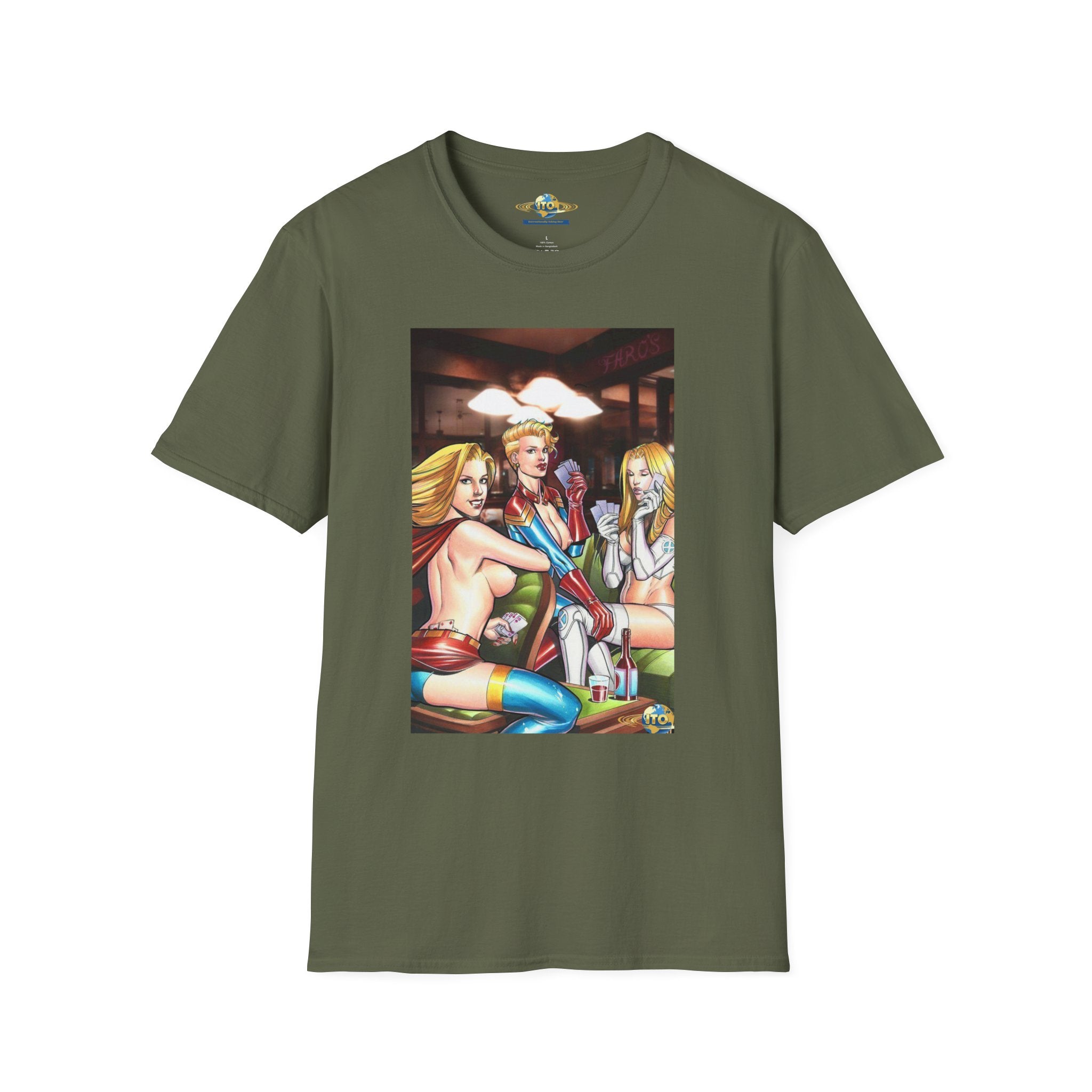 T-Shirt — Retro Pinup Superhero Trio Bar Scene