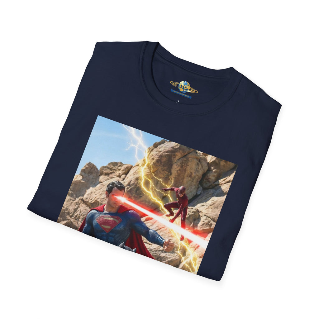 Superhero Action Photo T-Shirt — Dynamic Superman & Batman Graphic Tee