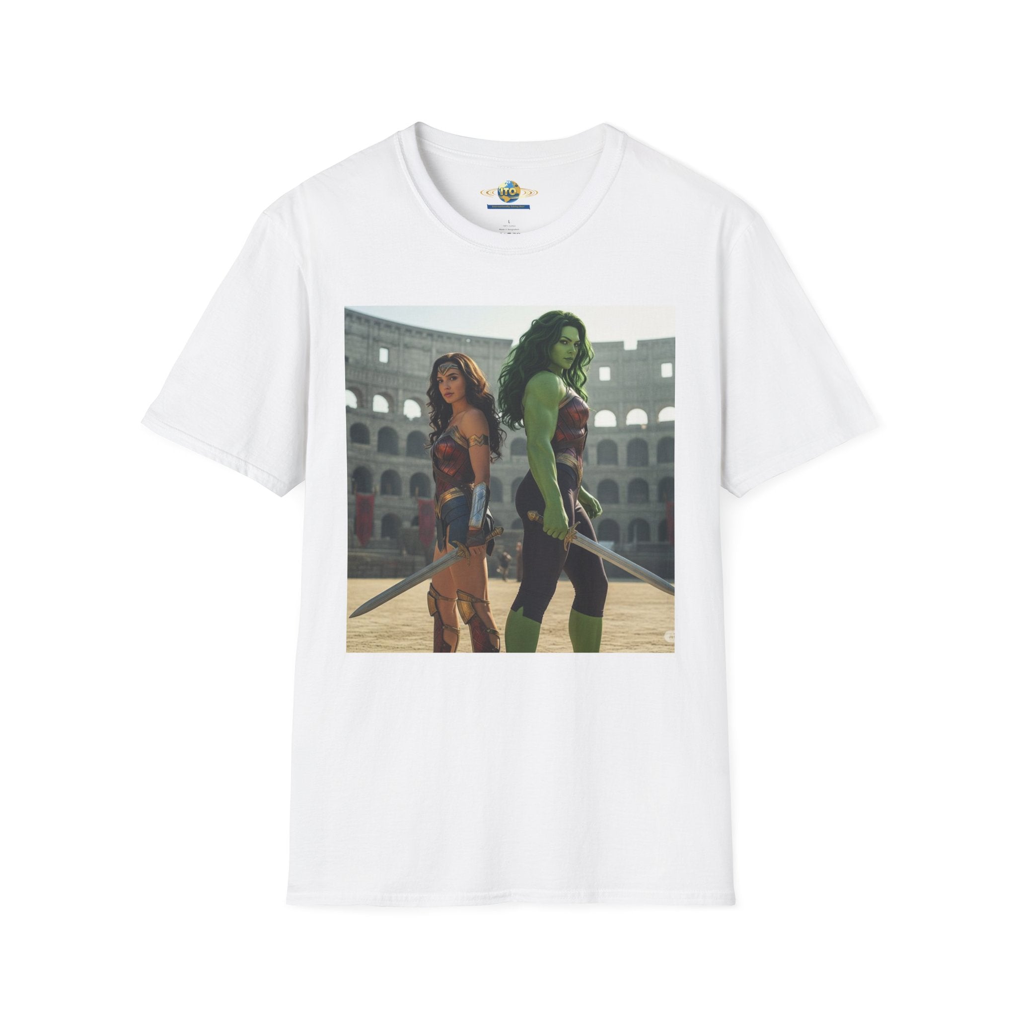 Wonder Warrior Duo T-Shirt — Female Gladiator & Green Hero Graphic Tee