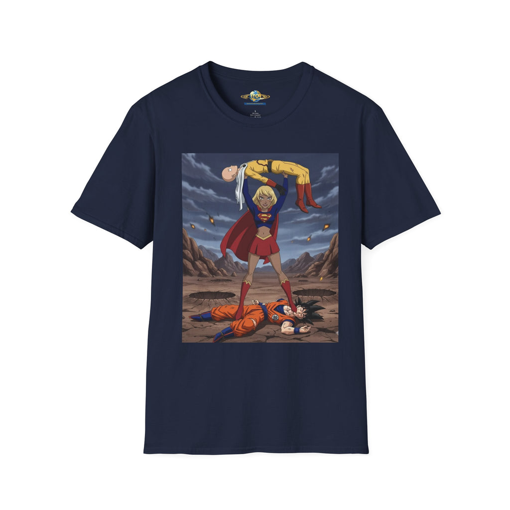 Graphic T-Shirt — Superhero Pose Lifting Villain Illustration