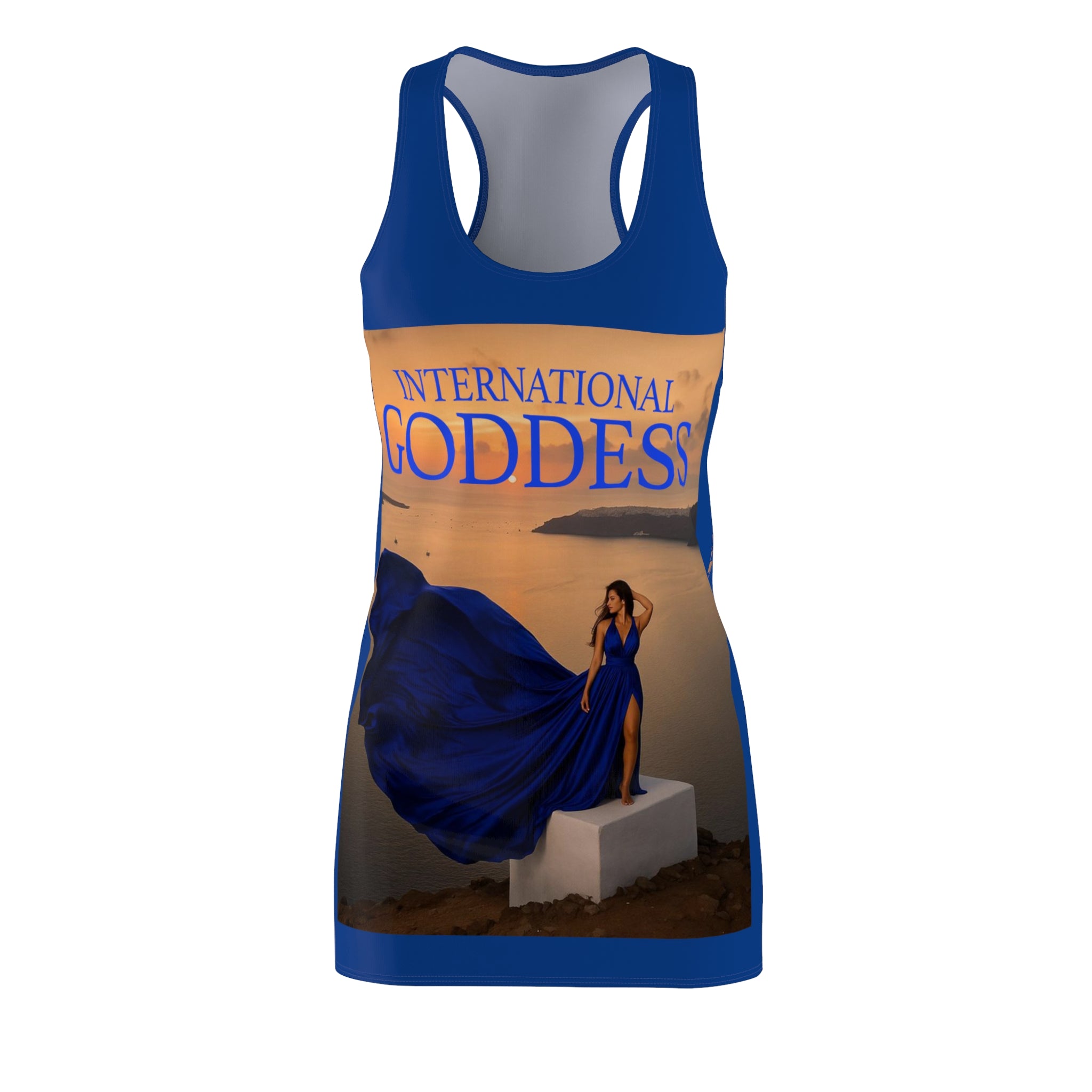 Racerback Dress — "International Goddess" Sunset Print, Flowy Blue Vacation Sundress