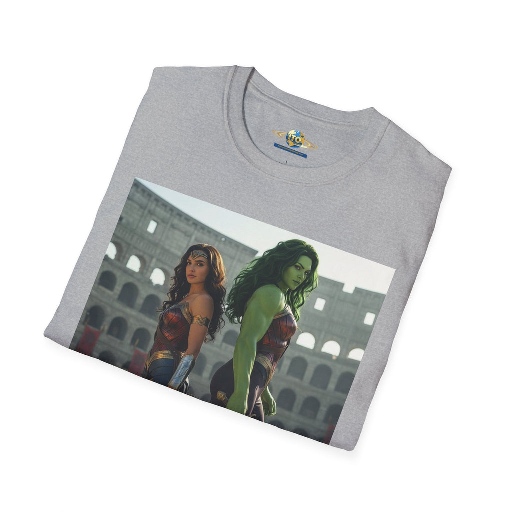 Wonder Warrior Duo T-Shirt — Female Gladiator & Green Hero Graphic Tee