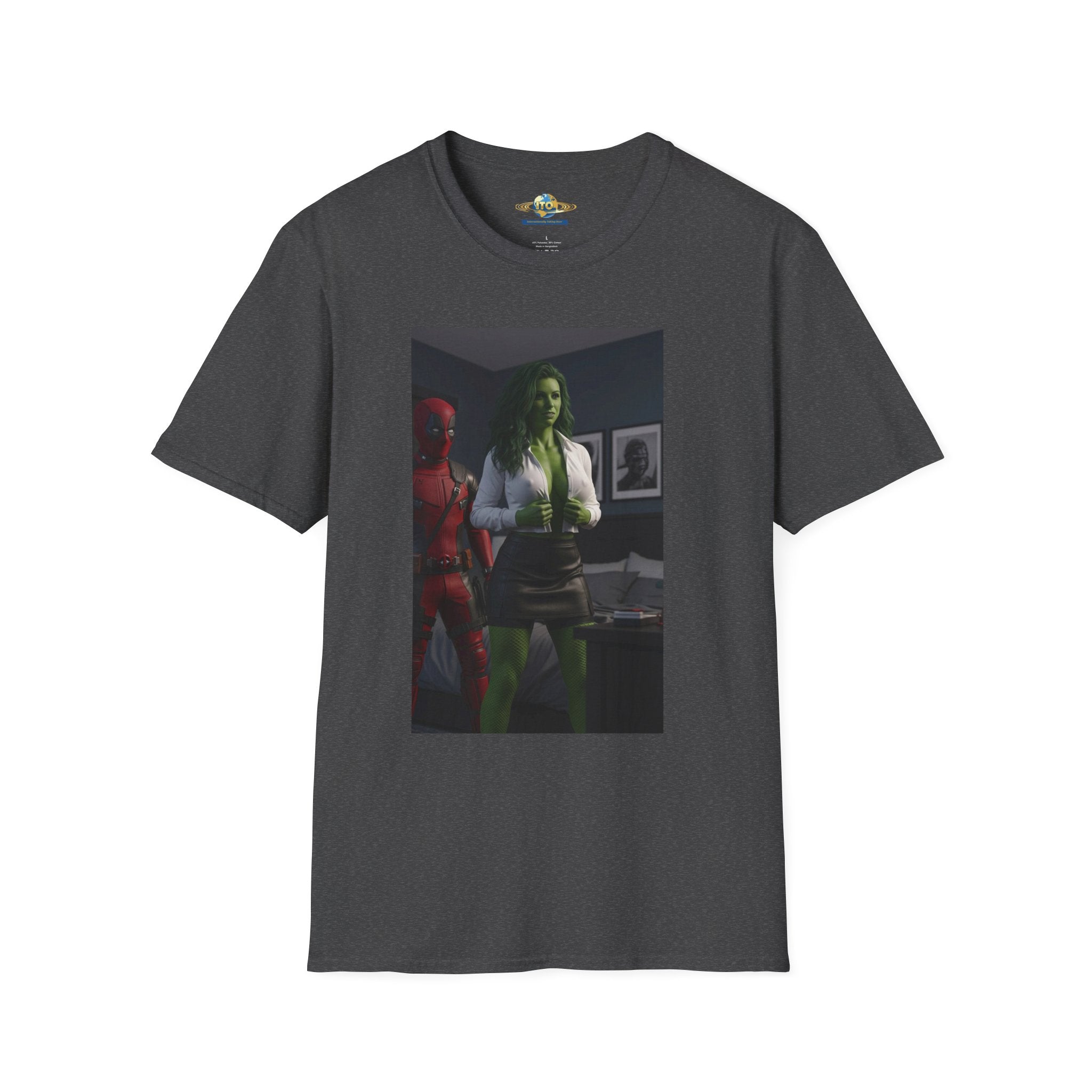 Graphic T‑Shirt — Retro Noir Scene with Green-Hued Woman and Red Figure