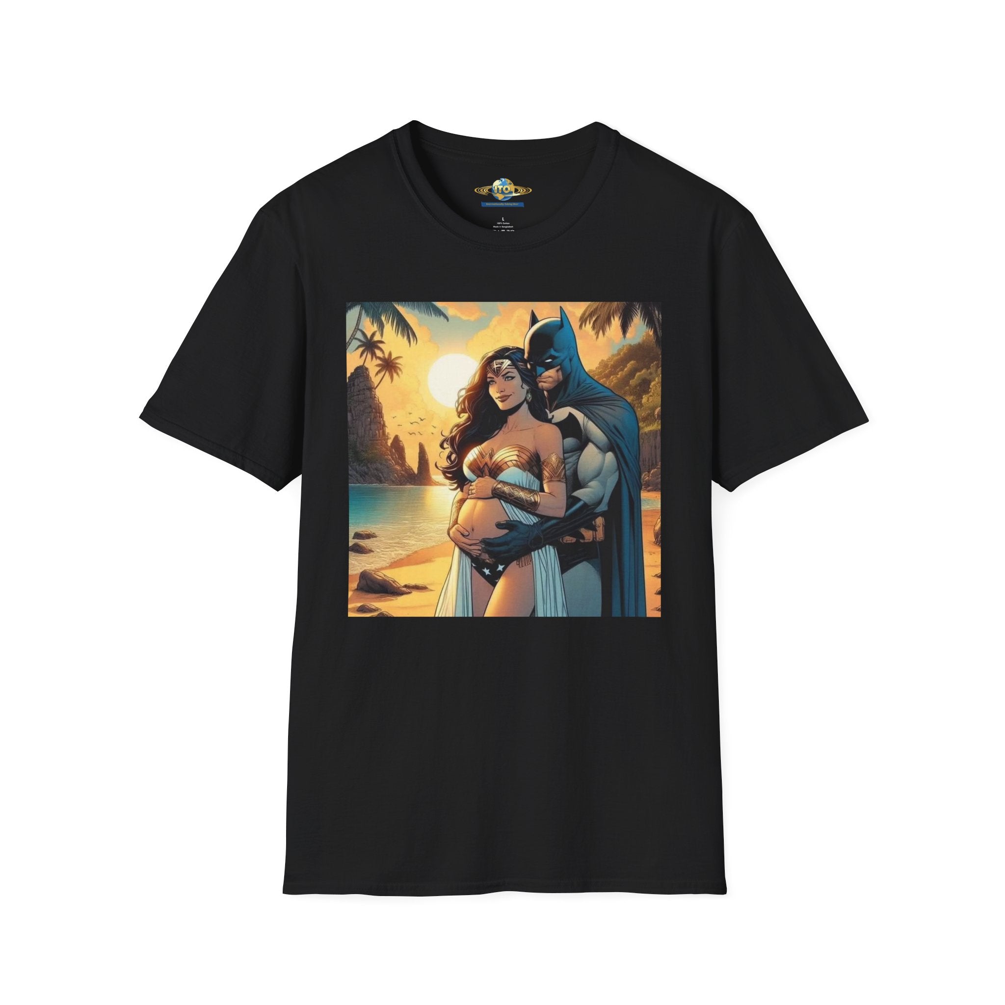 Batman & Wonder Woman Beach Portrait T-Shirt — Sunset Couple Graphic Tee