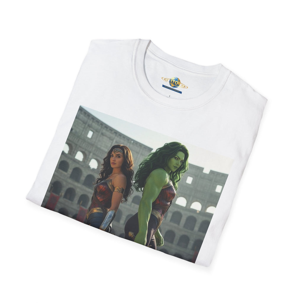 Wonder Warrior Duo T-Shirt — Female Gladiator & Green Hero Graphic Tee