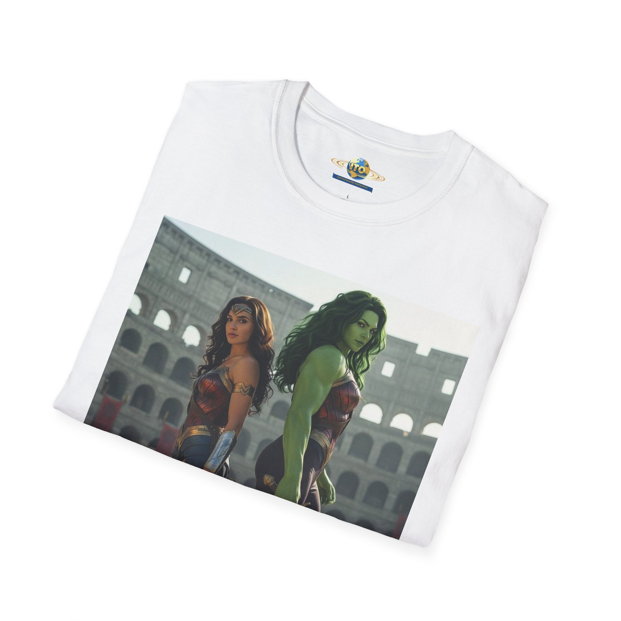 Wonder Warrior Duo T-Shirt — Female Gladiator & Green Hero Graphic Tee