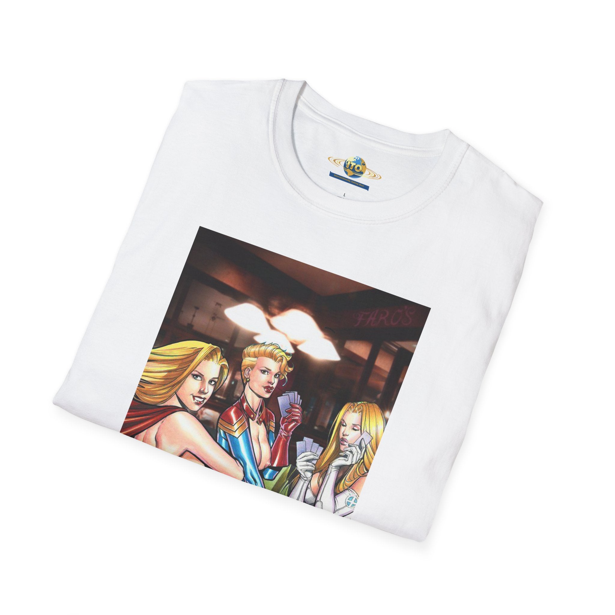 T-Shirt — Retro Pinup Superhero Trio Bar Scene
