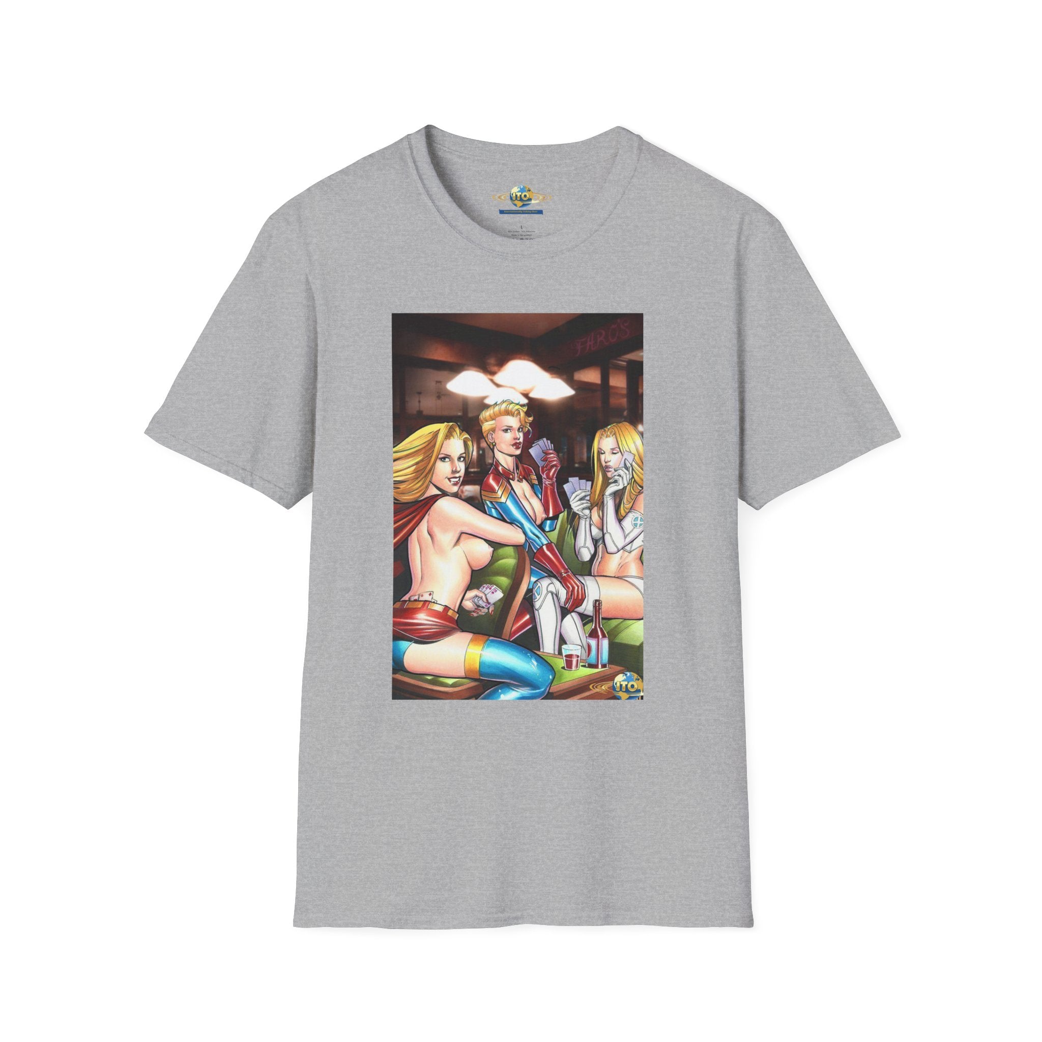 T-Shirt — Retro Pinup Superhero Trio Bar Scene