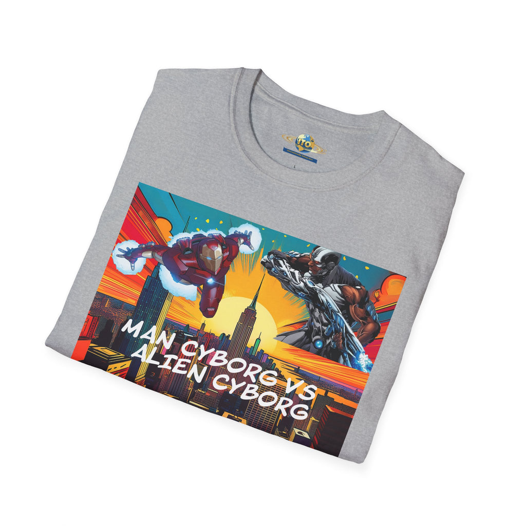 Man Cyborg vs Alien Cyborg Graphic T‑Shirt — Retro Sci‑Fi Battle Tee