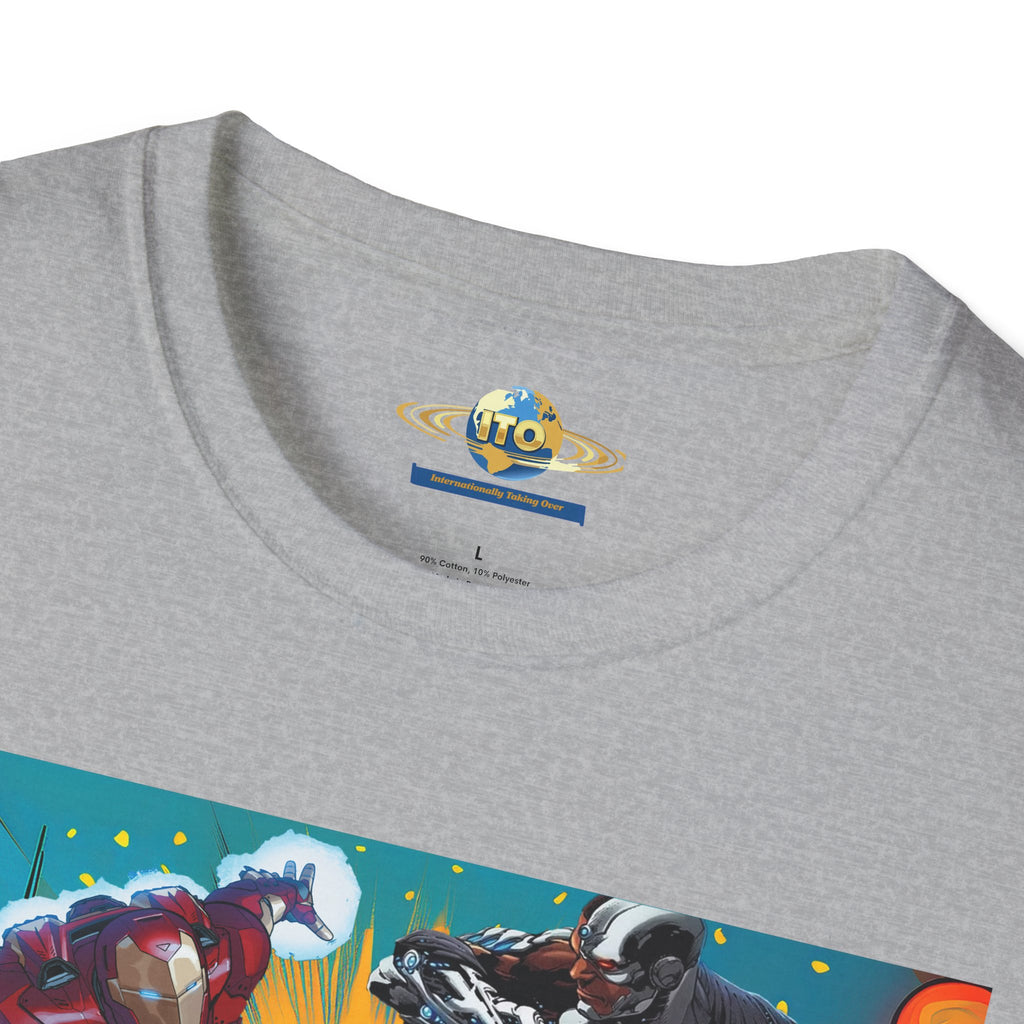 Man Cyborg vs Alien Cyborg Graphic T‑Shirt — Retro Sci‑Fi Battle Tee
