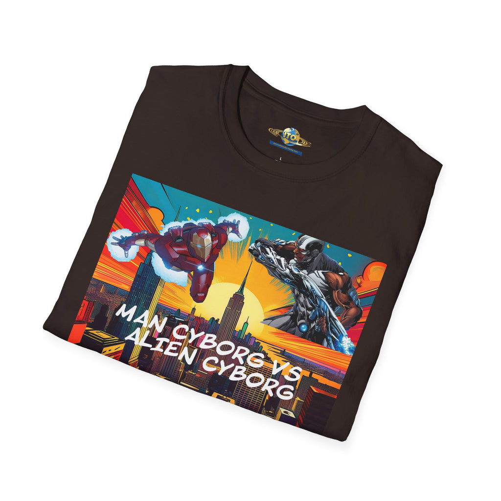 Man Cyborg vs Alien Cyborg Graphic T‑Shirt — Retro Sci‑Fi Battle Tee