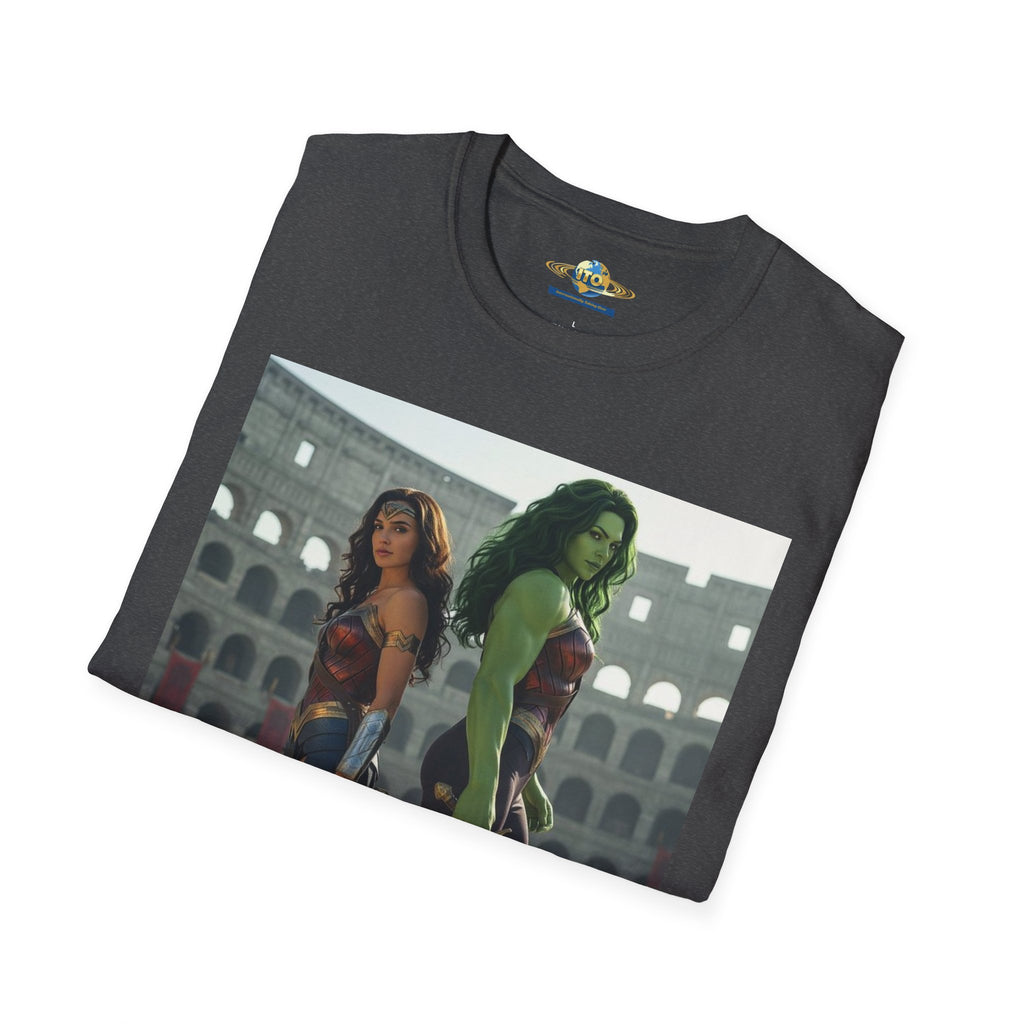 Wonder Warrior Duo T-Shirt — Female Gladiator & Green Hero Graphic Tee