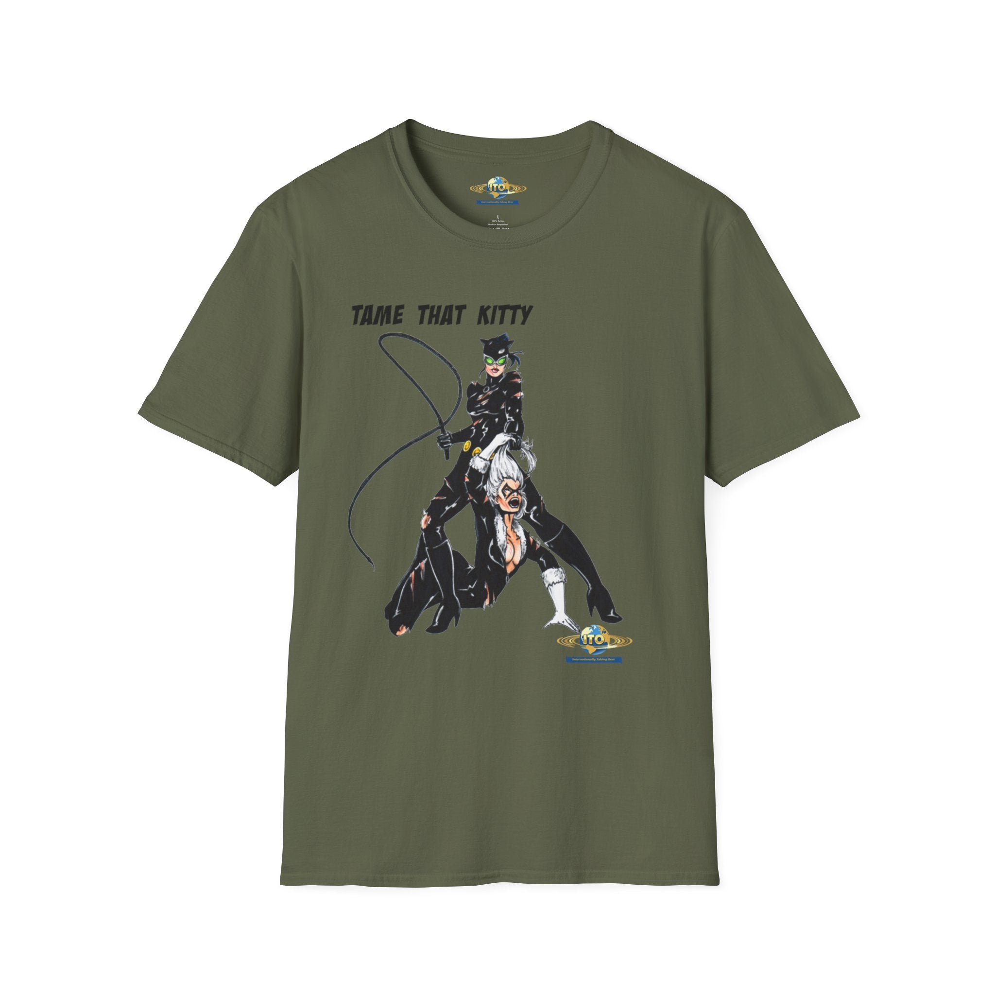 T-Shirt — "Tame That Kitty" Black Cat Whip Illustration