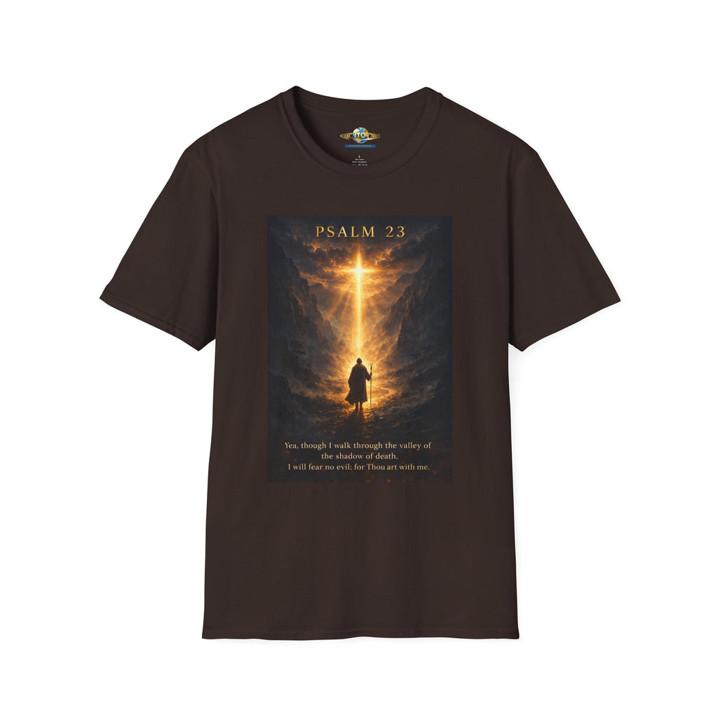 Psalm 23 T-Shirt — Christian Cross & Valley of the Shadow Design