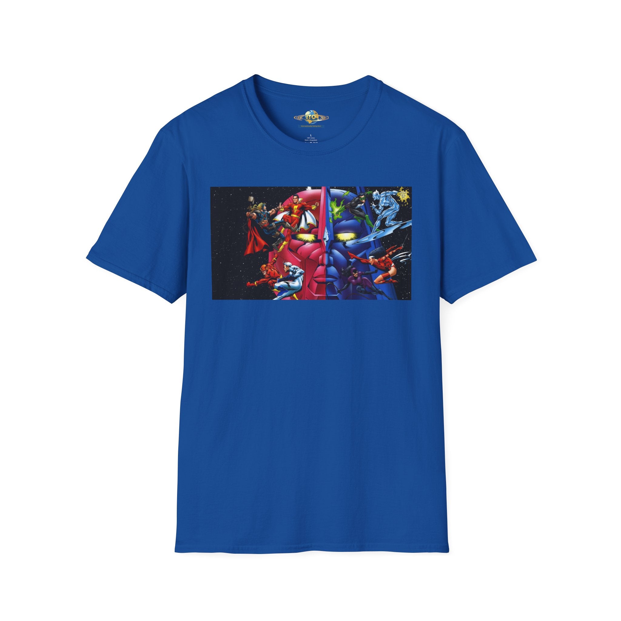 Graphic T-Shirt — Red vs Blue Superhero Action Panel