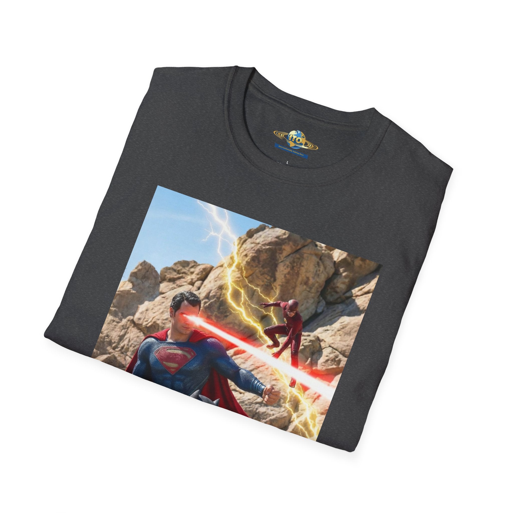 Superhero Action Photo T-Shirt — Dynamic Superman & Batman Graphic Tee