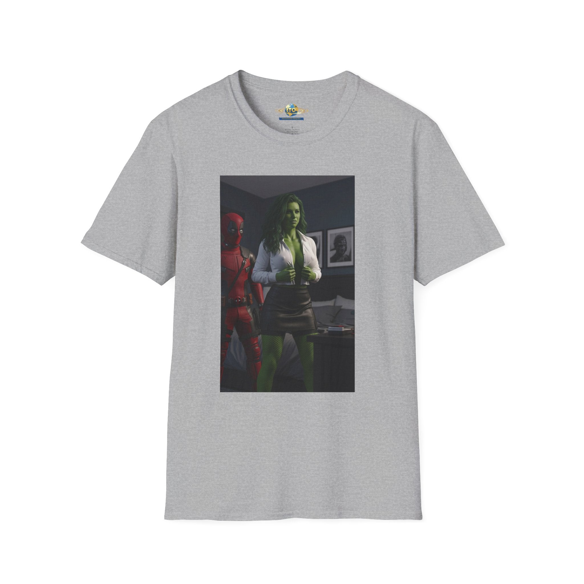 Graphic T‑Shirt — Retro Noir Scene with Green-Hued Woman and Red Figure
