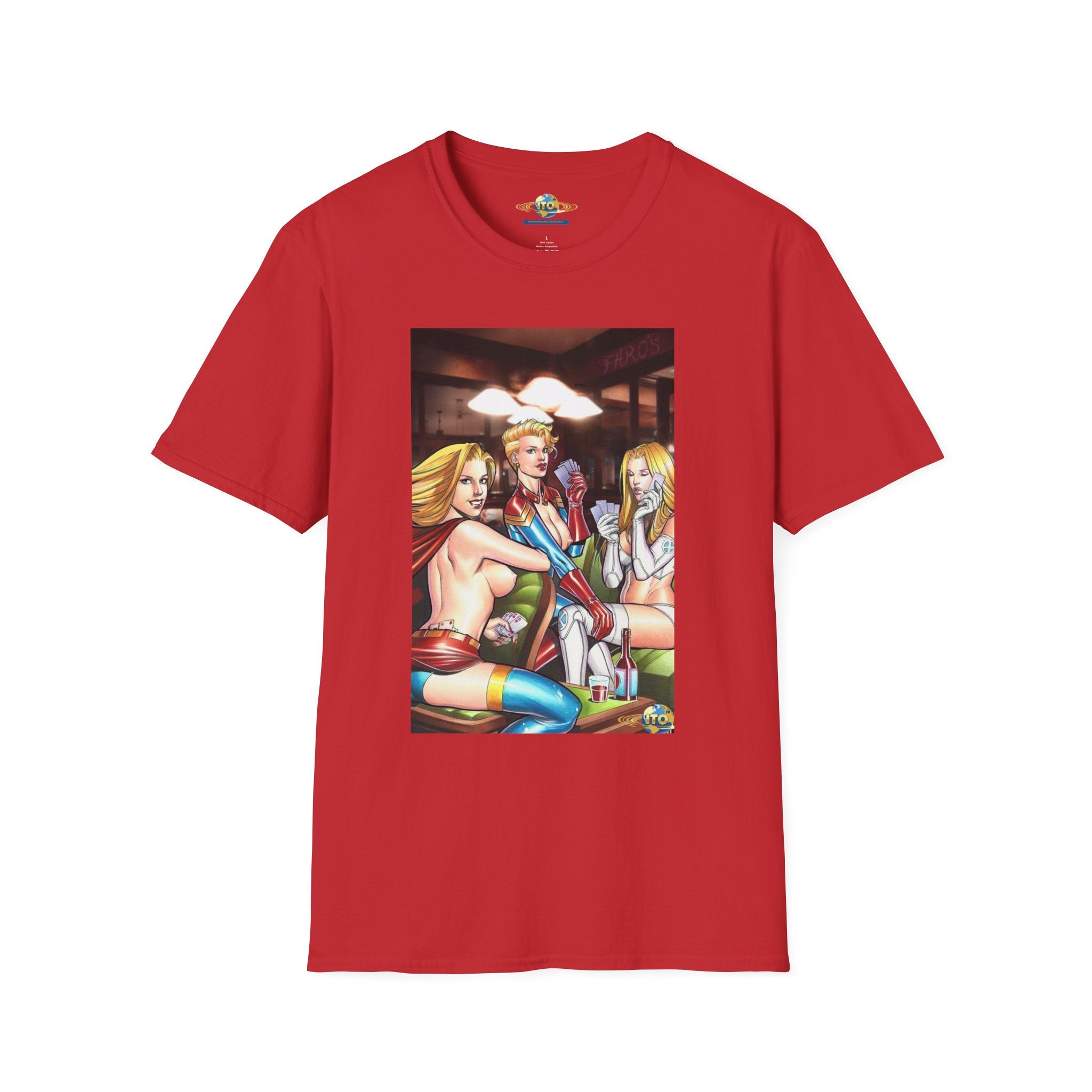 T-Shirt — Retro Pinup Superhero Trio Bar Scene