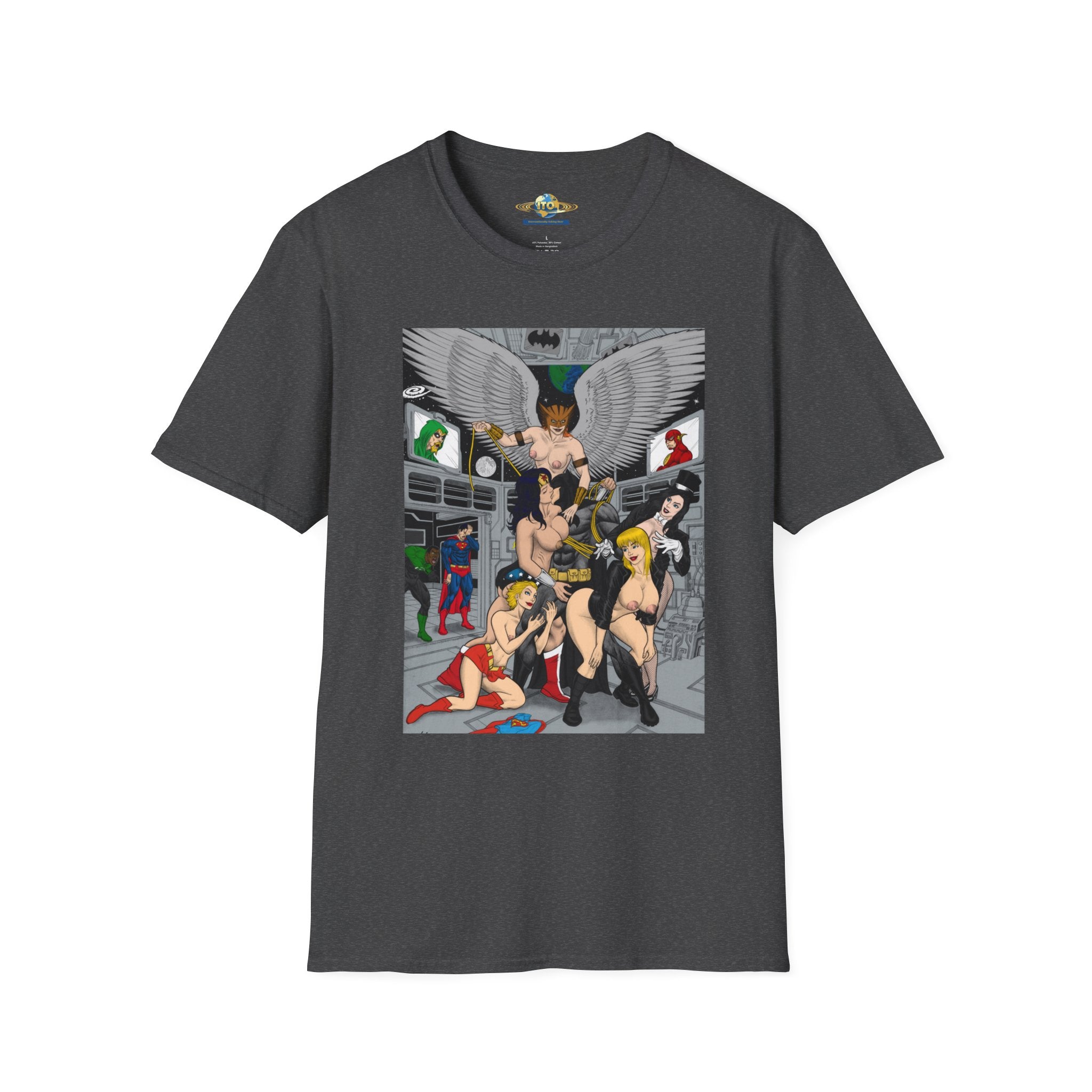 Graphic T-Shirt — Retro Comic Superhero Pinup Scene