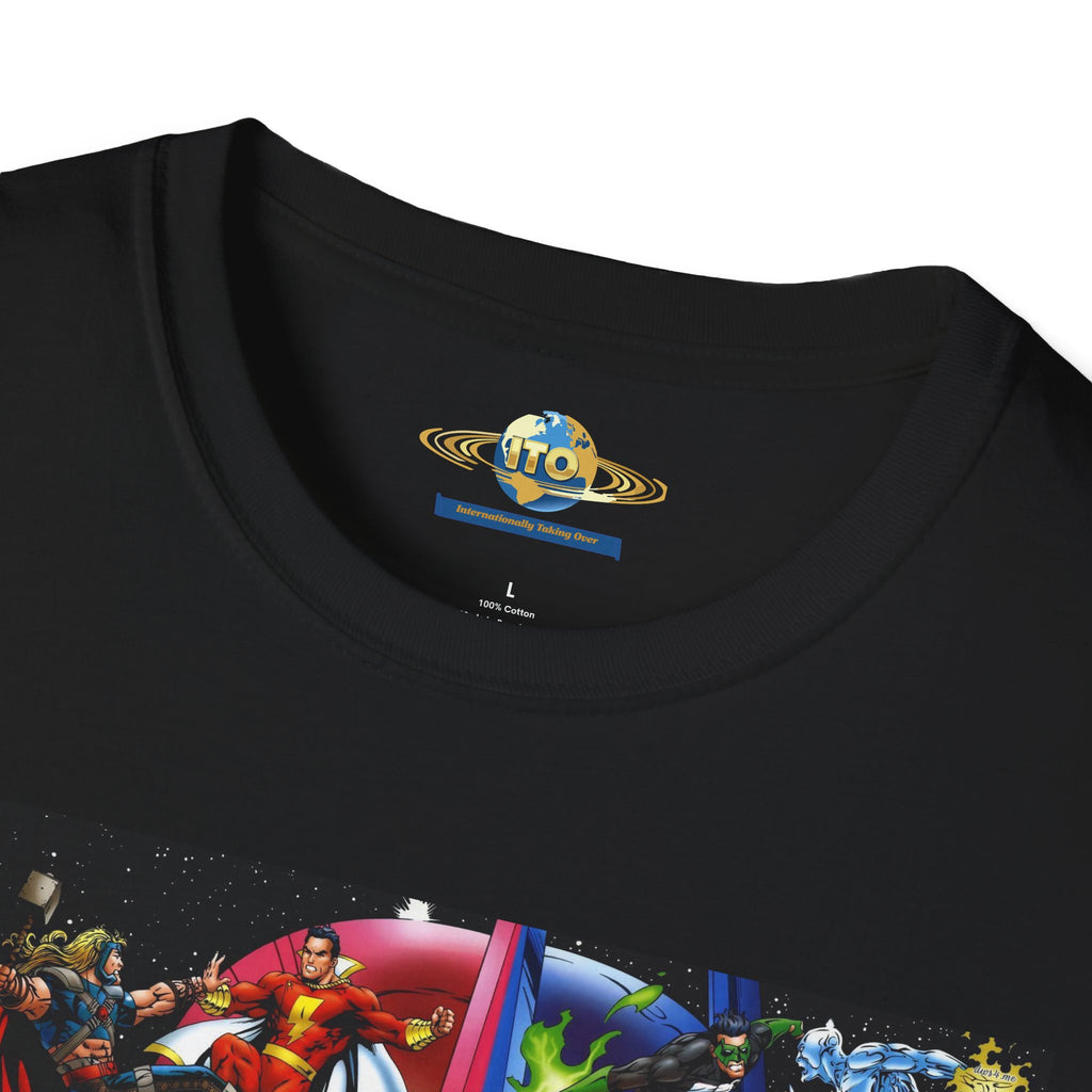 Graphic T-Shirt — Red vs Blue Superhero Action Panel
