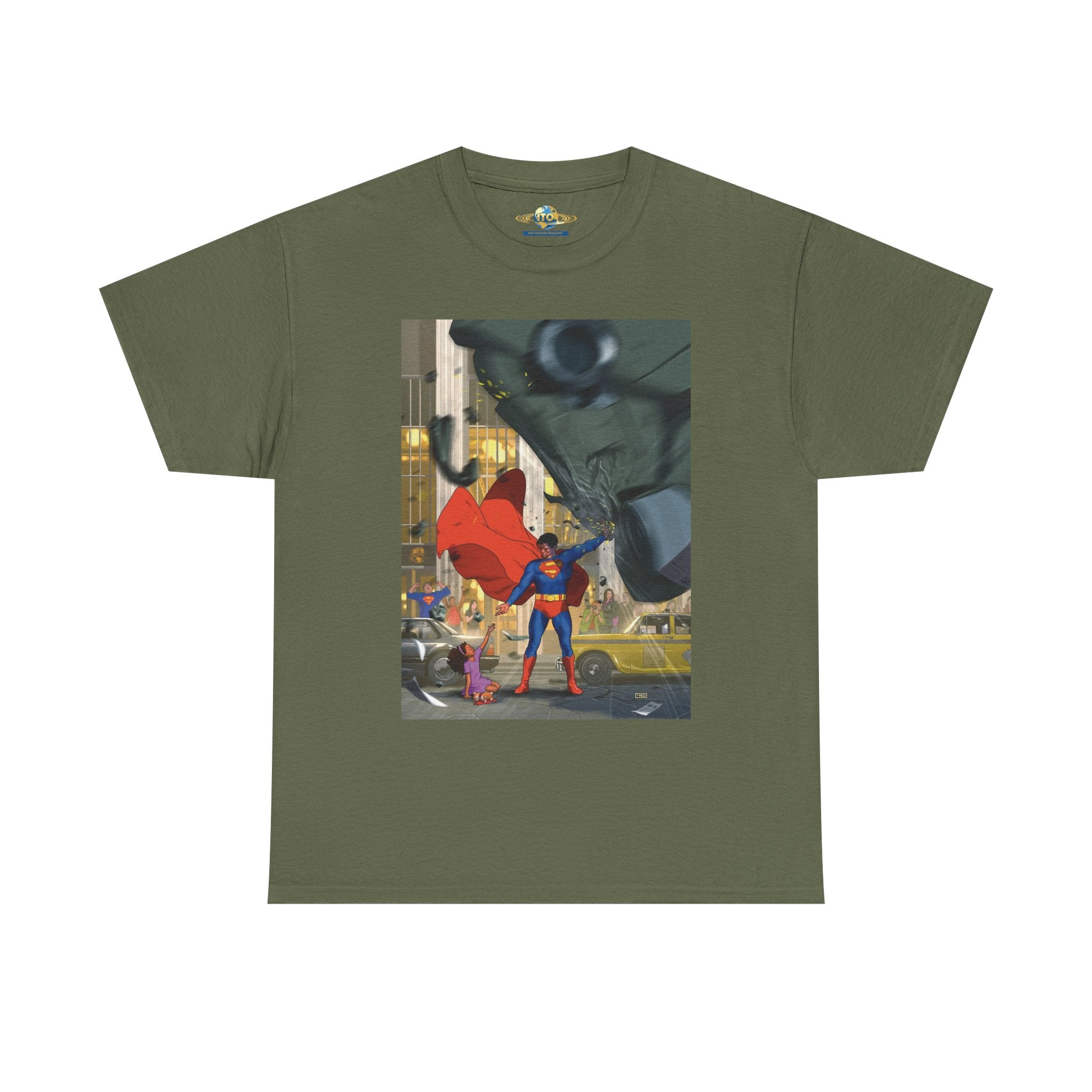 Superhero City Scene T‑Shirt — Retro Superman Urban Illustration Tee