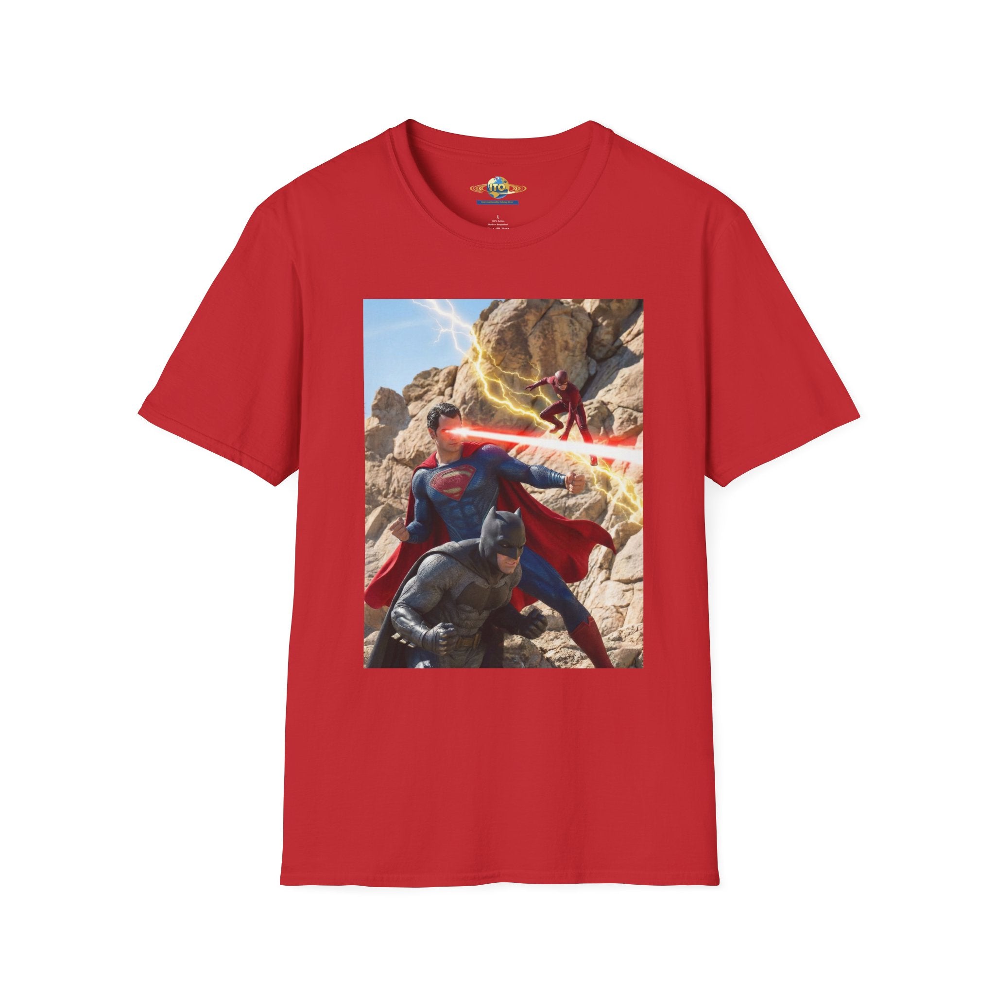 Superhero Action Photo T-Shirt — Dynamic Superman & Batman Graphic Tee