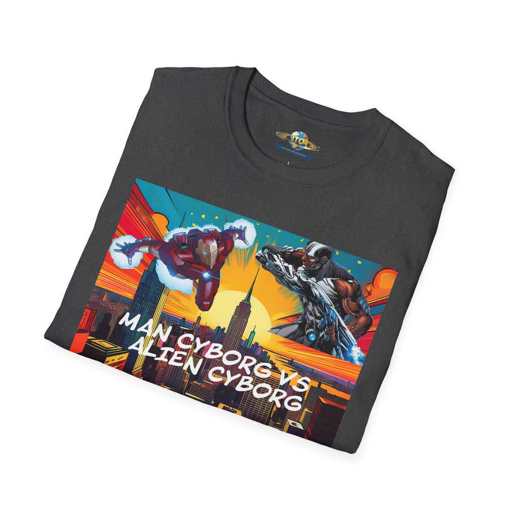 Man Cyborg vs Alien Cyborg Graphic T‑Shirt — Retro Sci‑Fi Battle Tee