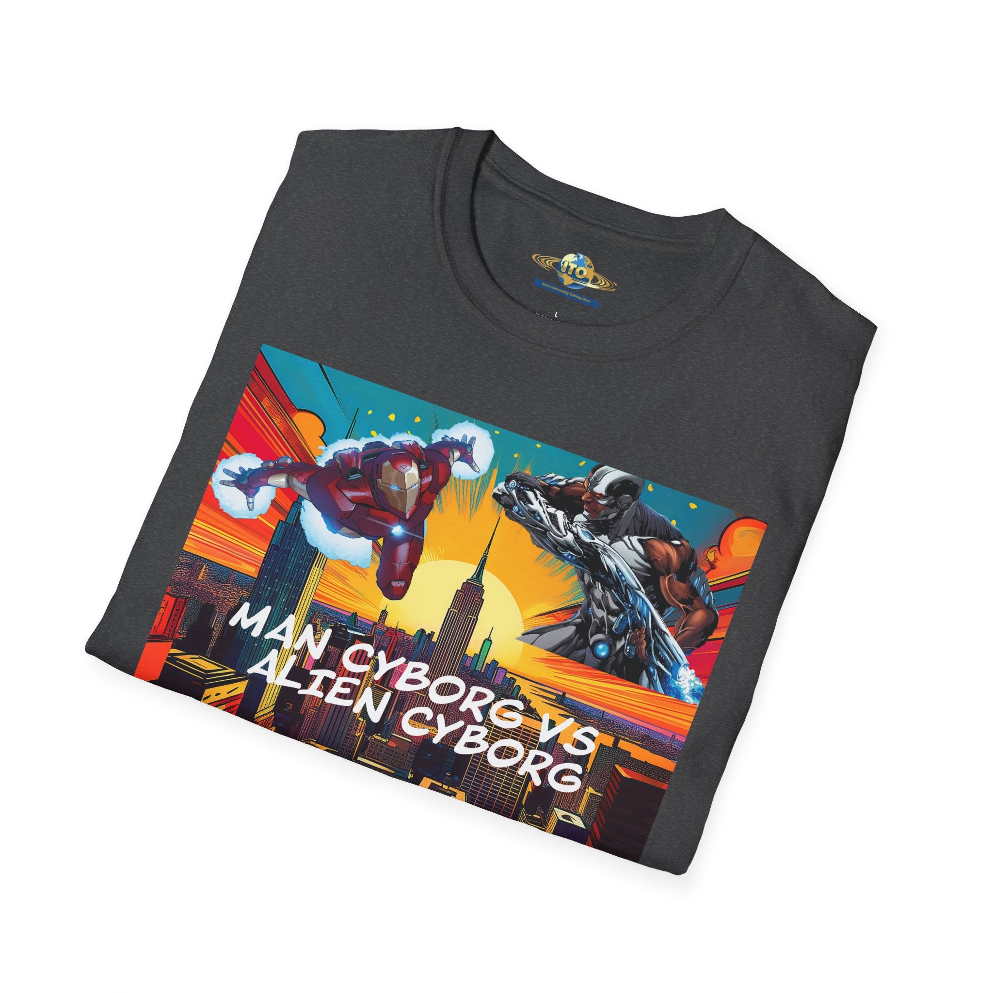 Man Cyborg vs Alien Cyborg Graphic T‑Shirt — Retro Sci‑Fi Battle Tee