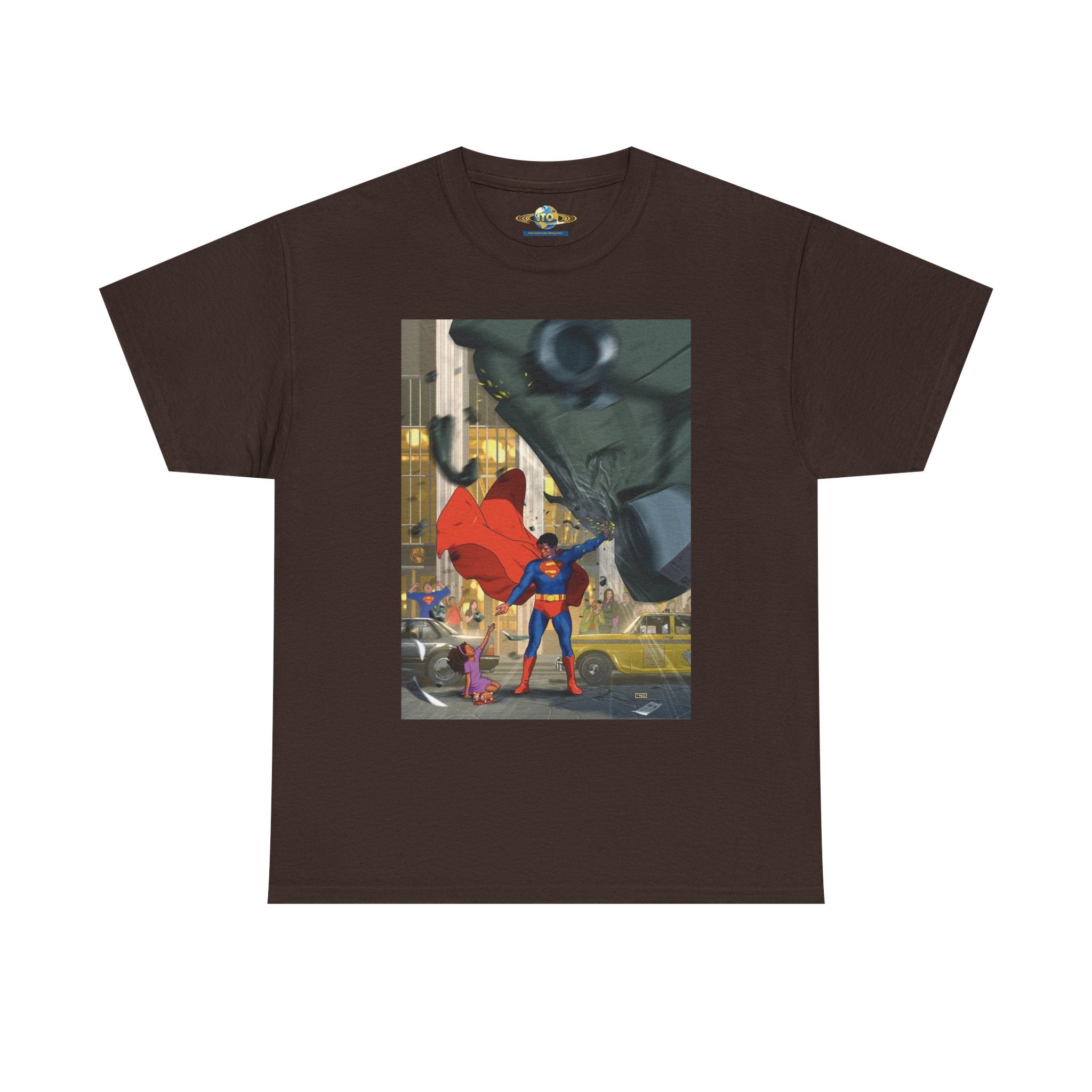 Superhero City Scene T‑Shirt — Retro Superman Urban Illustration Tee