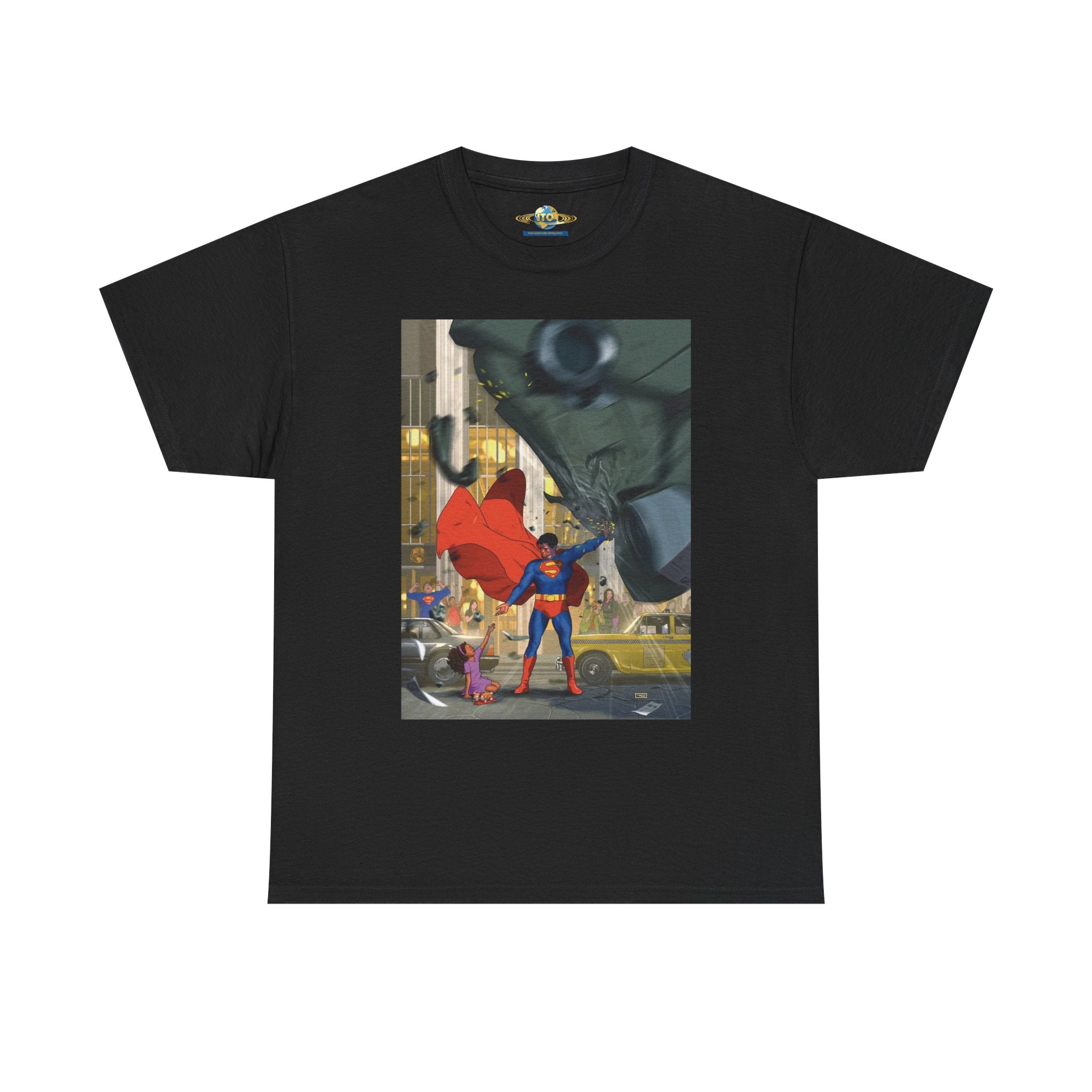 Superhero City Scene T‑Shirt — Retro Superman Urban Illustration Tee