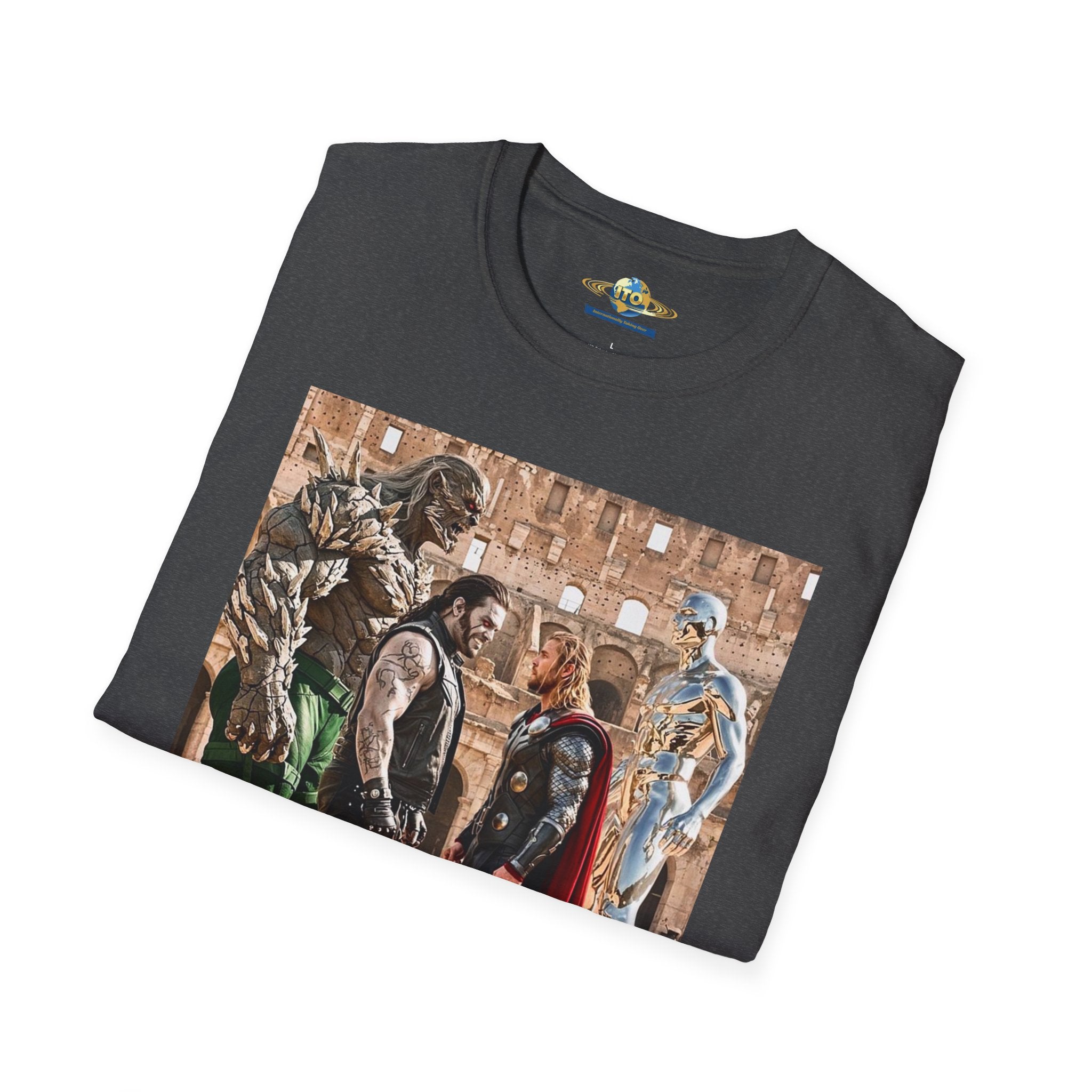 Fantasy Heroes Faceoff T-Shirt — Epic Gladiator Arena Scene