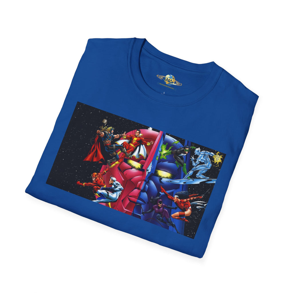 Graphic T-Shirt — Red vs Blue Superhero Action Panel