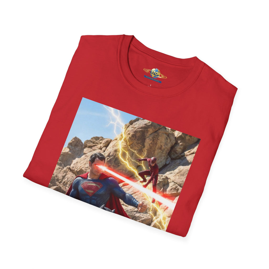 Superhero Action Photo T-Shirt — Dynamic Superman & Batman Graphic Tee