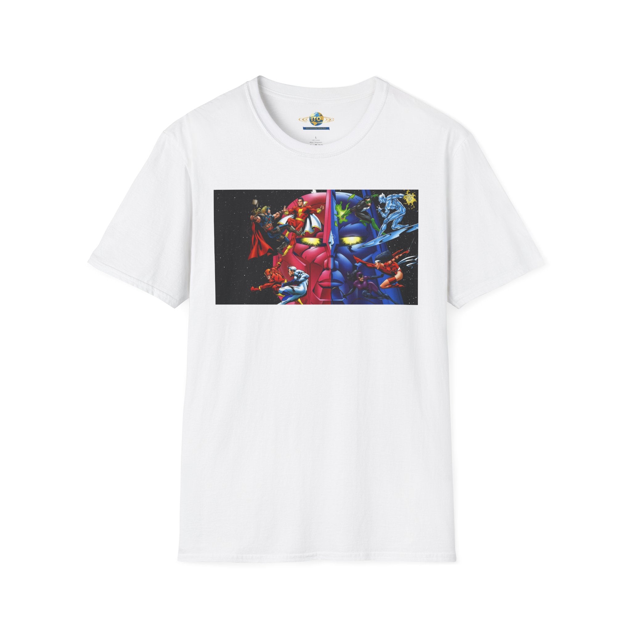 Graphic T-Shirt — Red vs Blue Superhero Action Panel