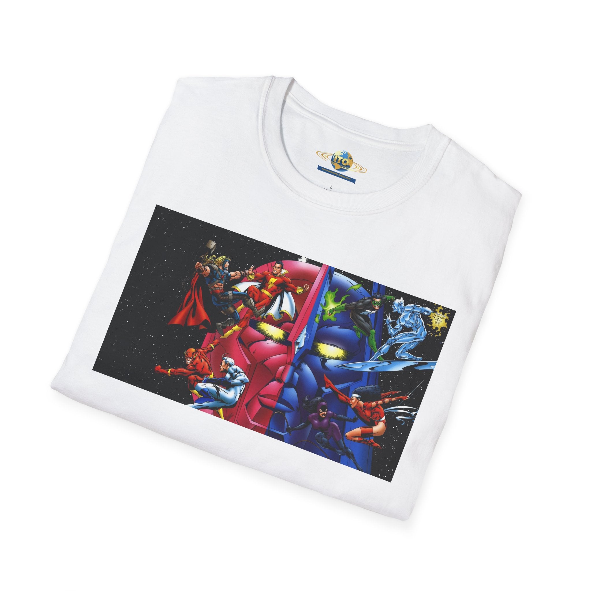 Graphic T-Shirt — Red vs Blue Superhero Action Panel