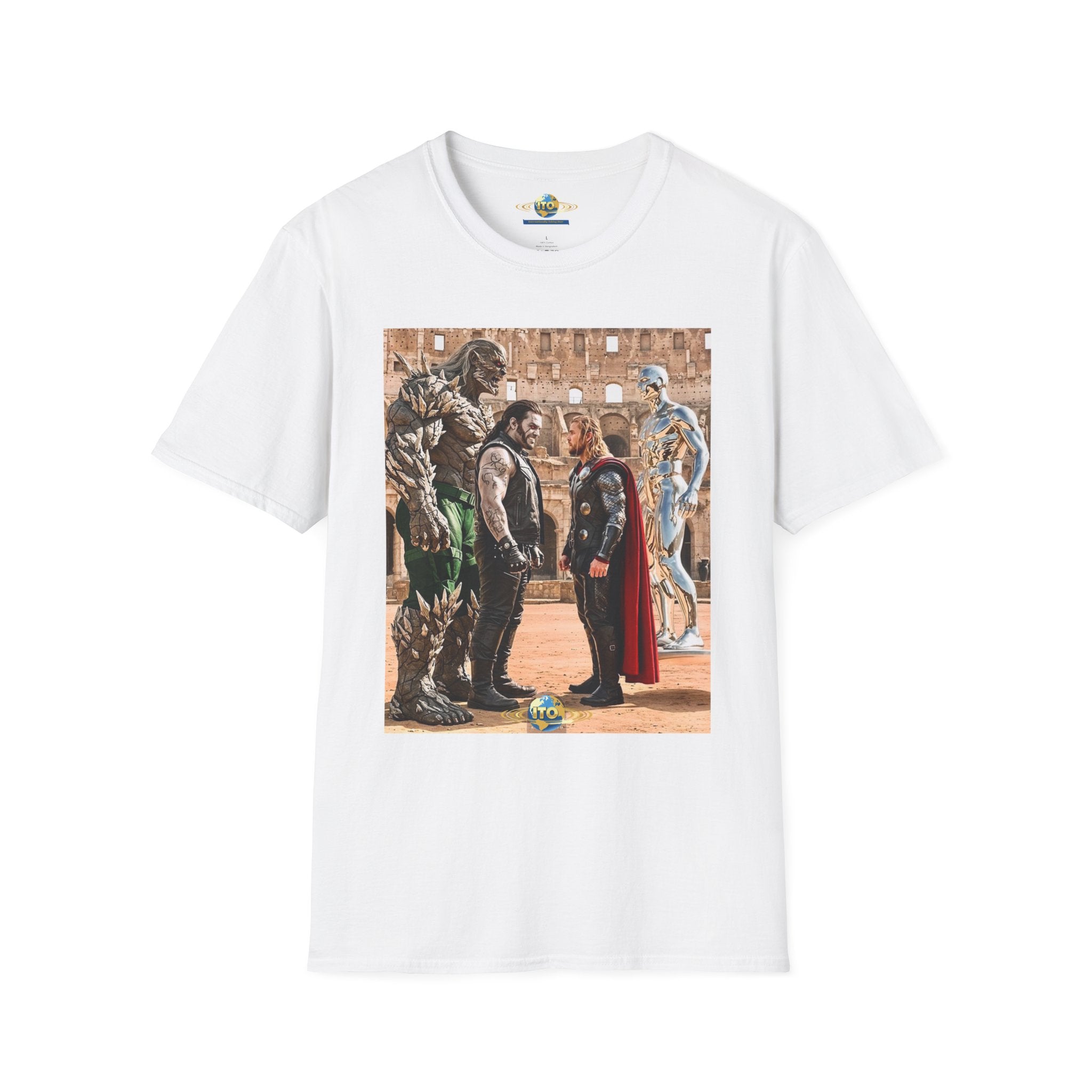 Fantasy Heroes Faceoff T-Shirt — Epic Gladiator Arena Scene