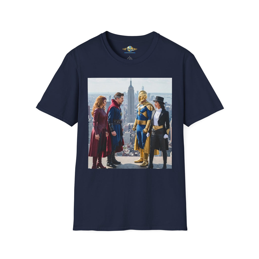 Superhero Team Photo T‑Shirt — Vintage City Rooftop Graphic Tee