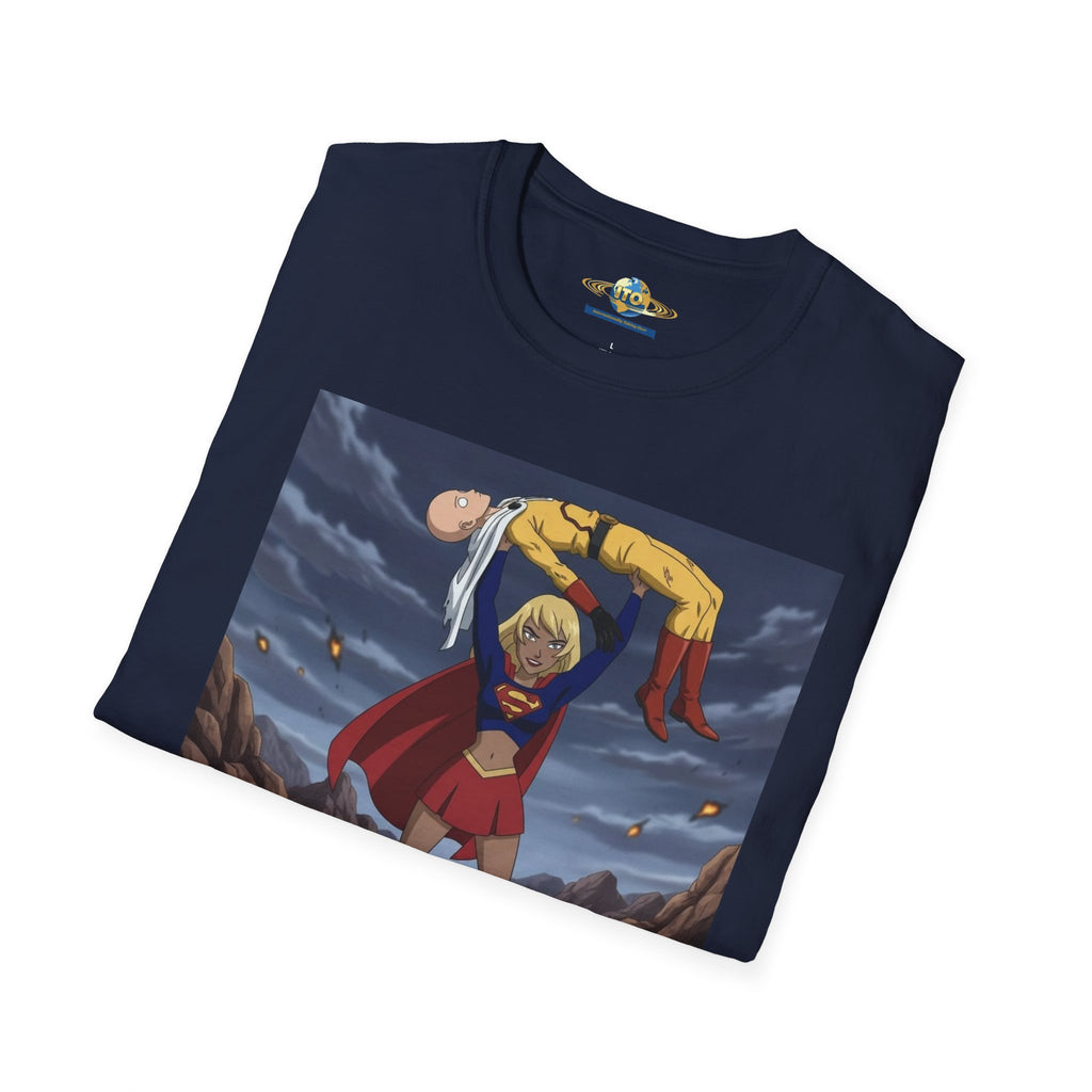 Graphic T-Shirt — Superhero Pose Lifting Villain Illustration