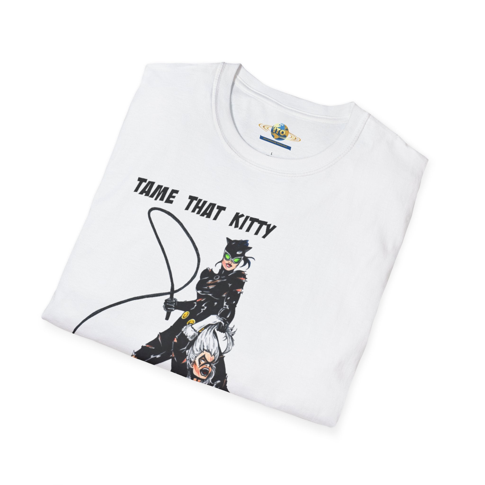 T-Shirt — "Tame That Kitty" Black Cat Whip Illustration