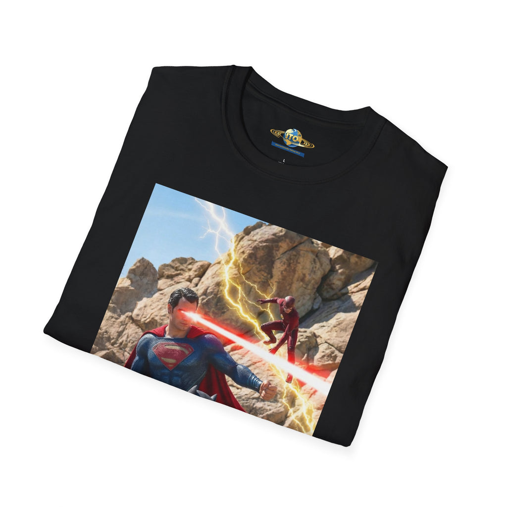 Superhero Action Photo T-Shirt — Dynamic Superman & Batman Graphic Tee