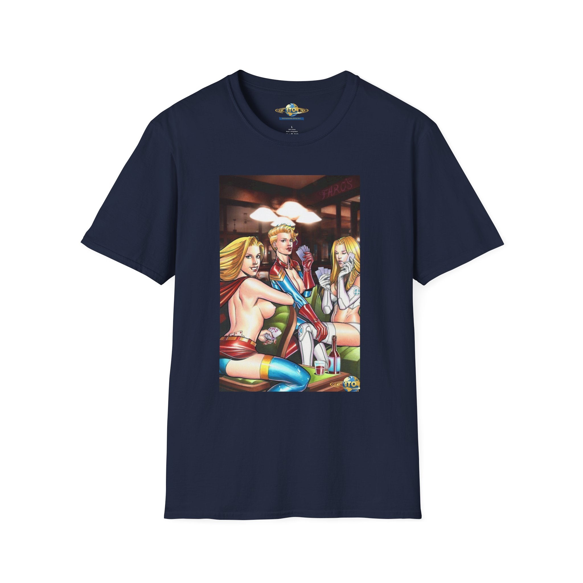 T-Shirt — Retro Pinup Superhero Trio Bar Scene